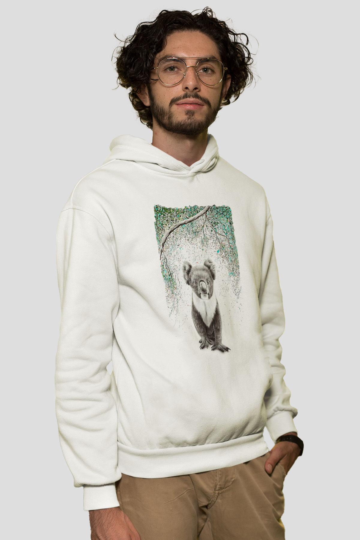 Koala Baskılı Beyaz Unisex Hoodie