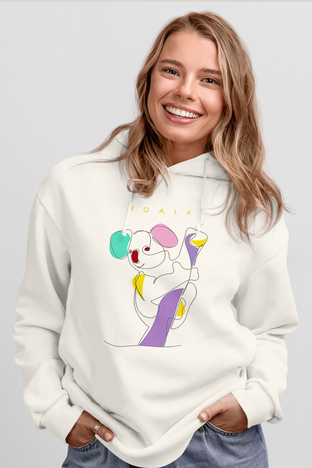Koala Baskılı Beyaz Unisex Hoodie
