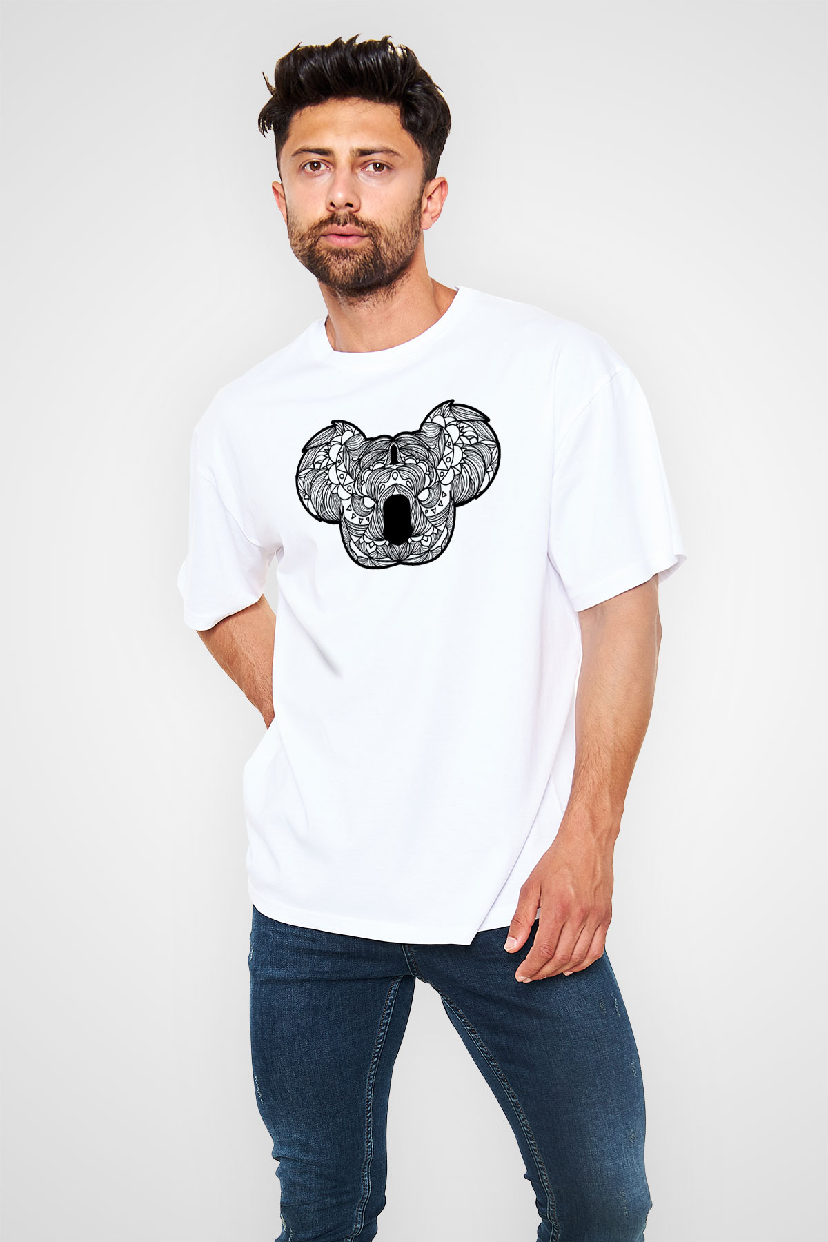 Koala Baskılı Beyaz Unisex Oversize Tişört - Tshirt
