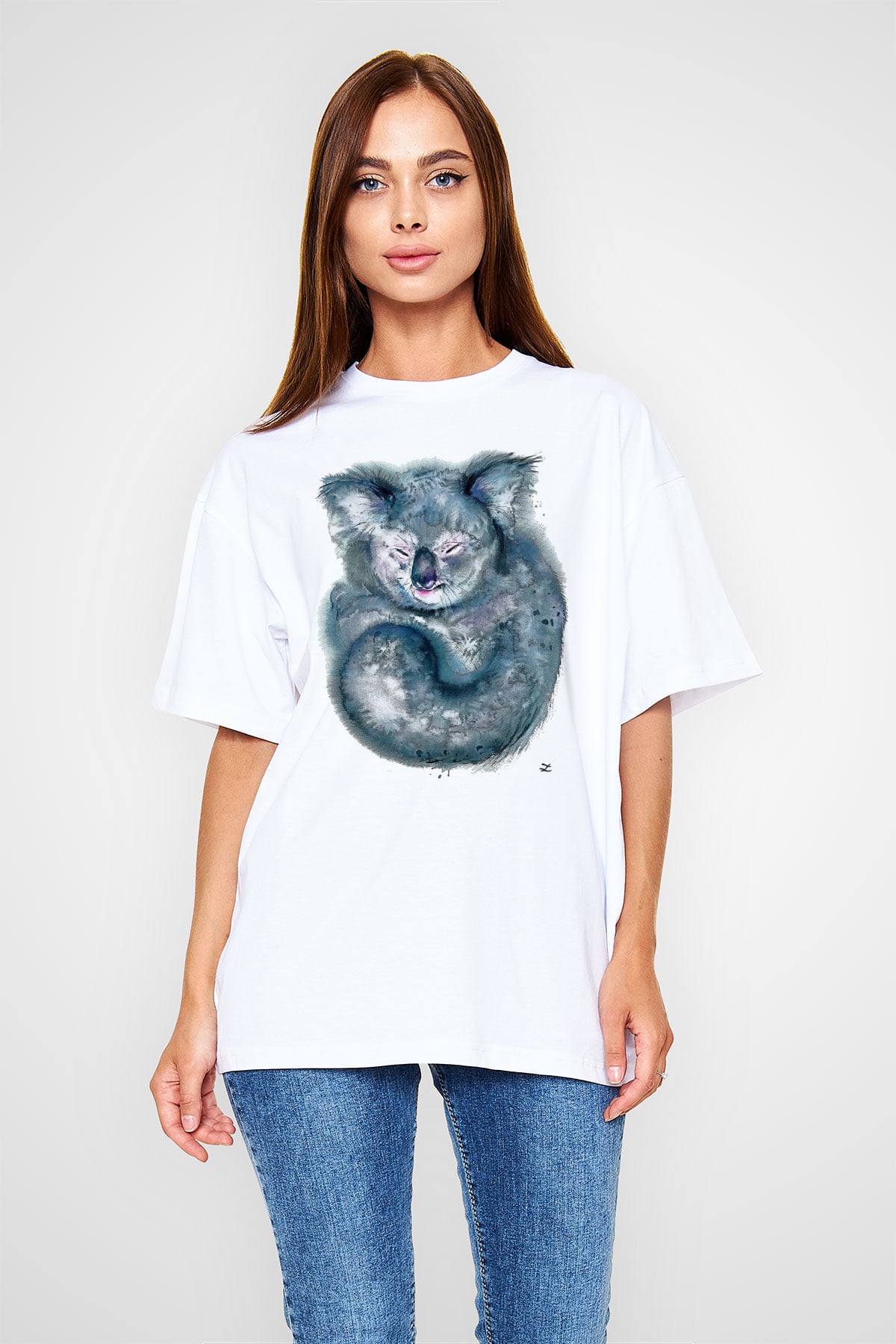 Koala Baskılı Beyaz Unisex Oversize Tişört - Tshirt