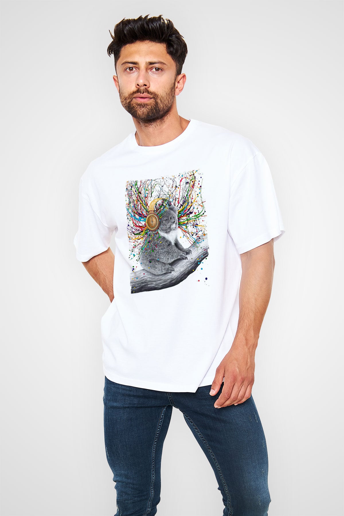 Koala Baskılı Beyaz Unisex Oversize Tişört - Tshirt