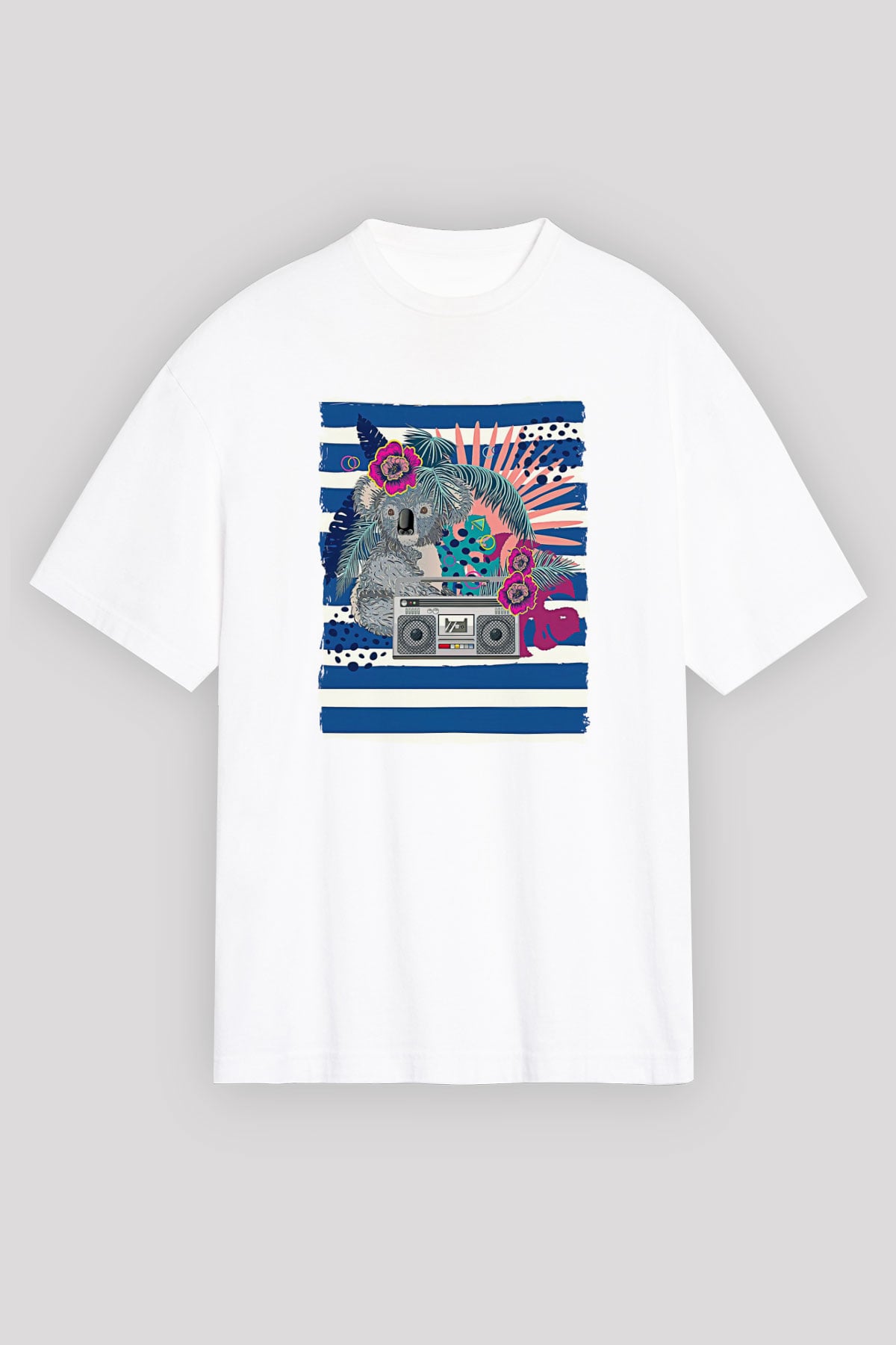 Koala Baskılı Beyaz Unisex Oversize Tişört - Tshirt