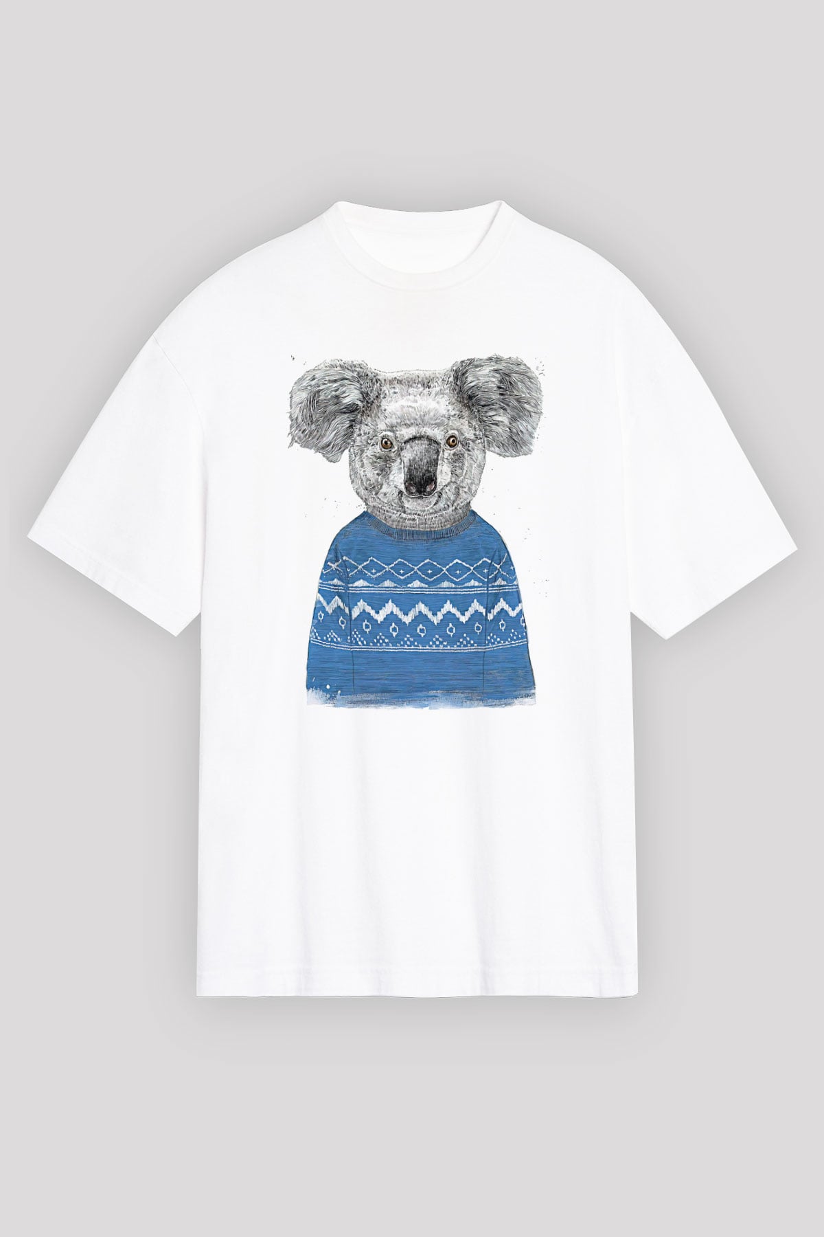 Koala Baskılı Beyaz Unisex Oversize Tişört - Tshirt