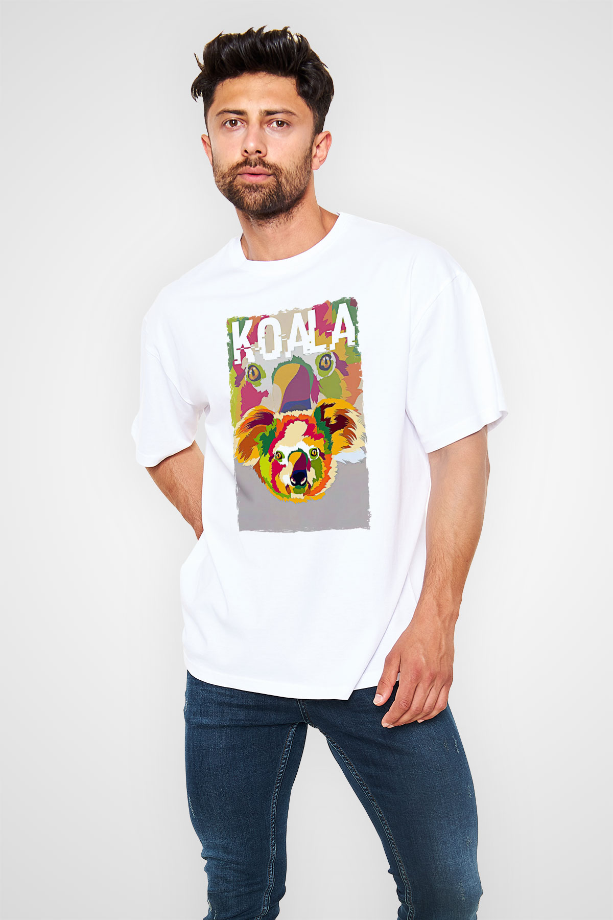 Koala Baskılı Beyaz Unisex Oversize Tişört - Tshirt