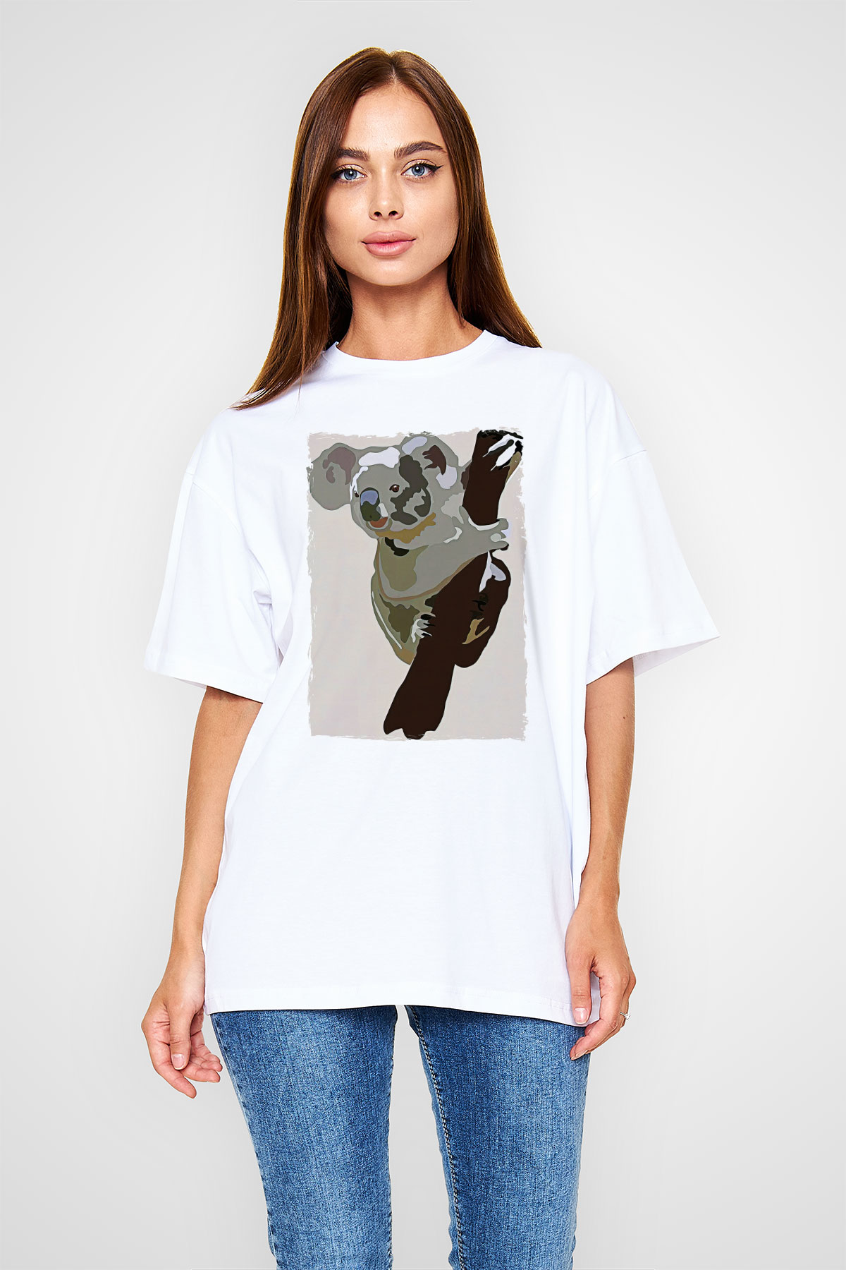 Koala Baskılı Beyaz Unisex Oversize Tişört - Tshirt