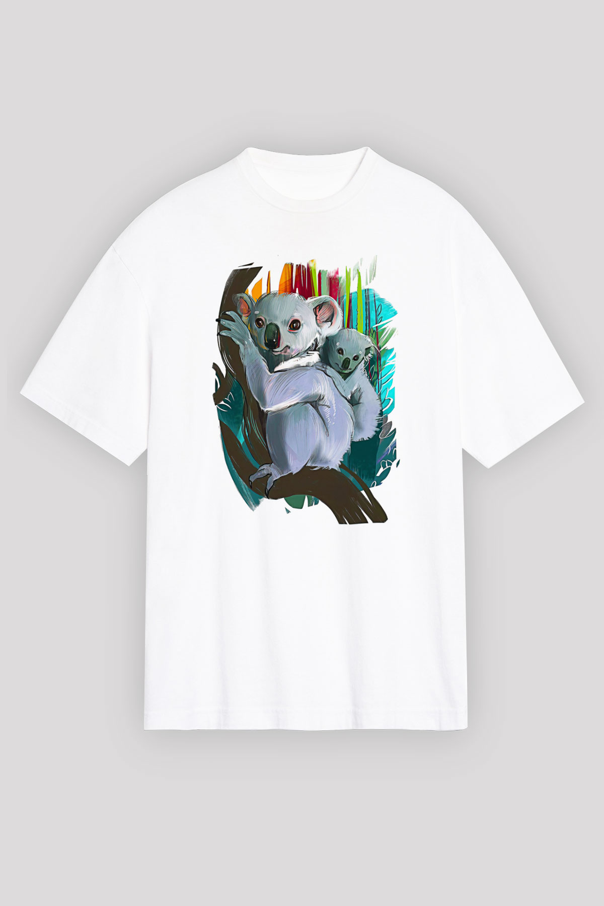 Koala Baskılı Beyaz Unisex Oversize Tişört - Tshirt