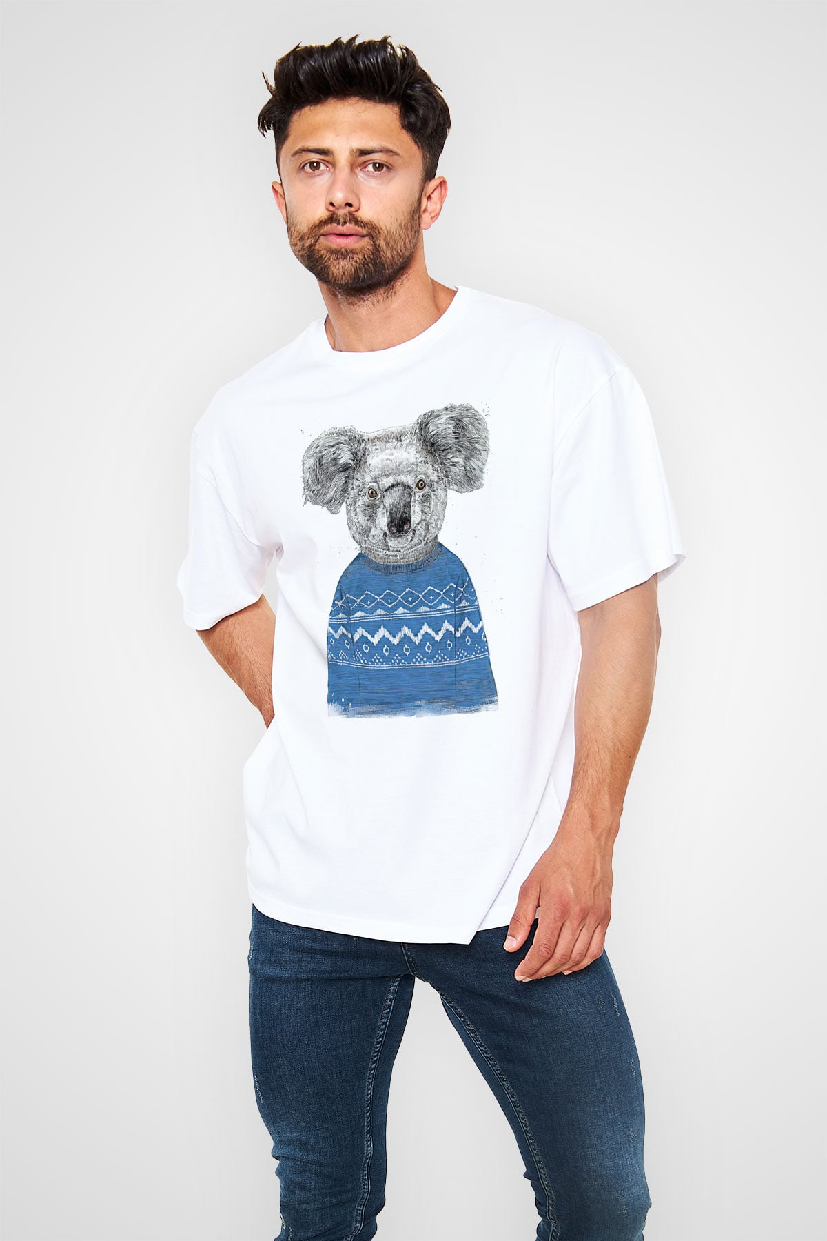 Koala Baskılı Beyaz Unisex Oversize Tişört - Tshirt