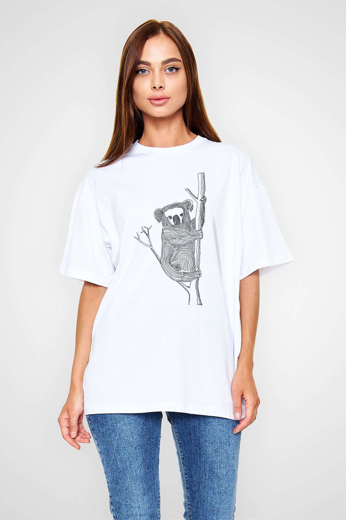 Koala Baskılı Beyaz Unisex Oversize Tişört - Tshirt