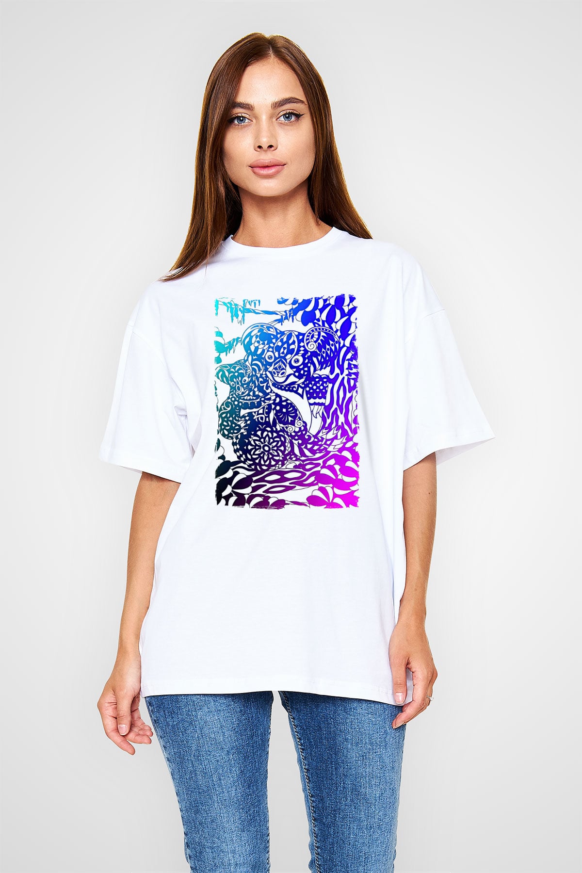 Koala Baskılı Beyaz Unisex Oversize Tişört - Tshirt