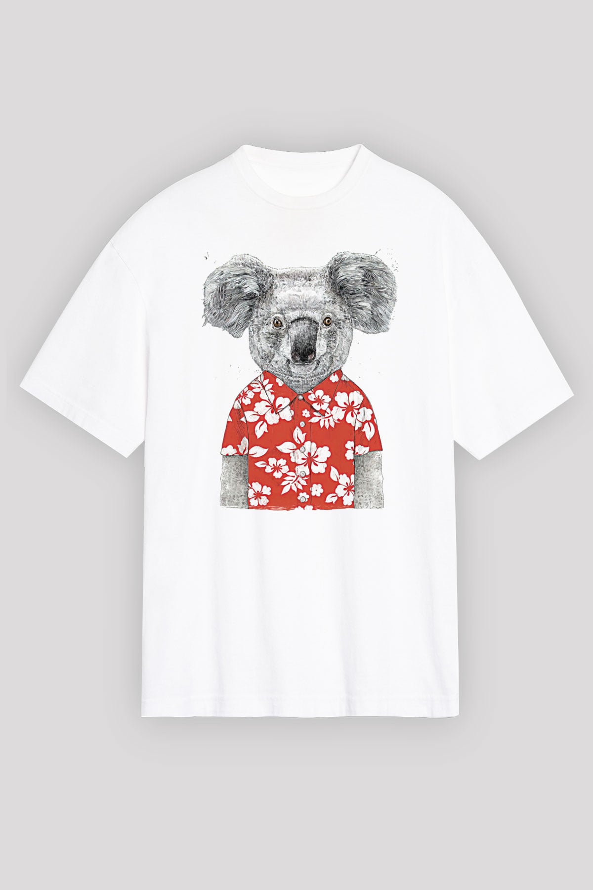 Koala Baskılı Beyaz Unisex Oversize Tişört - Tshirt