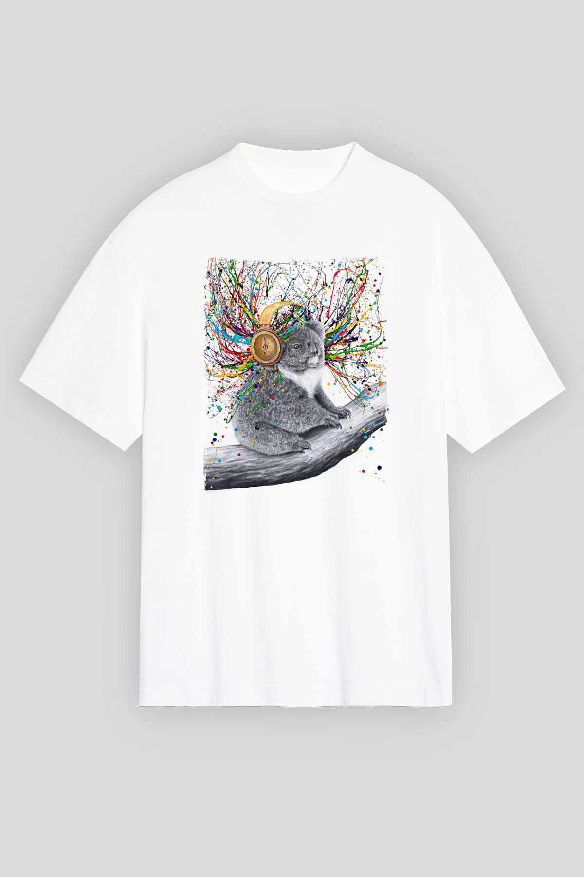Koala Baskılı Beyaz Unisex Oversize Tişört - Tshirt
