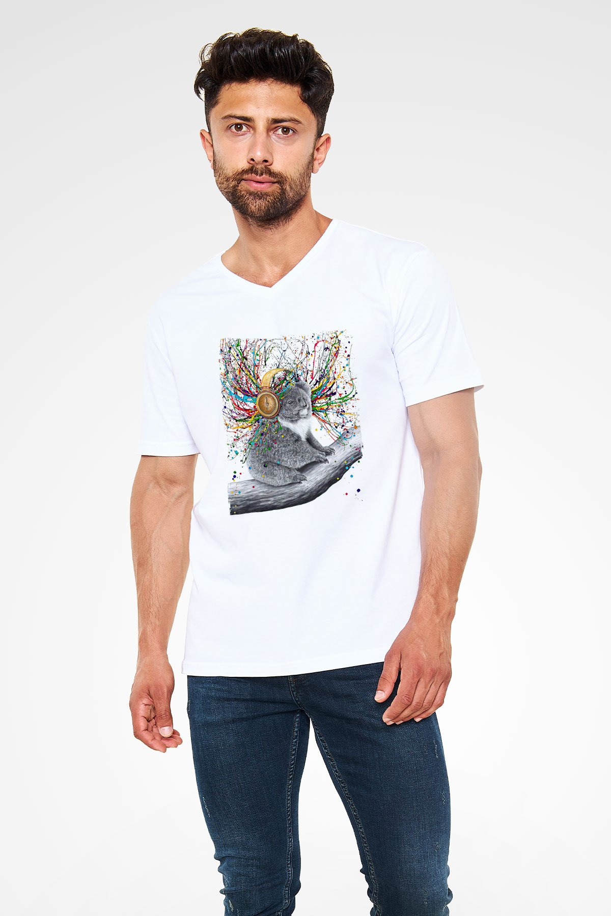 Koala Baskılı Beyaz Unisex V Yaka Tişört - Tshirt