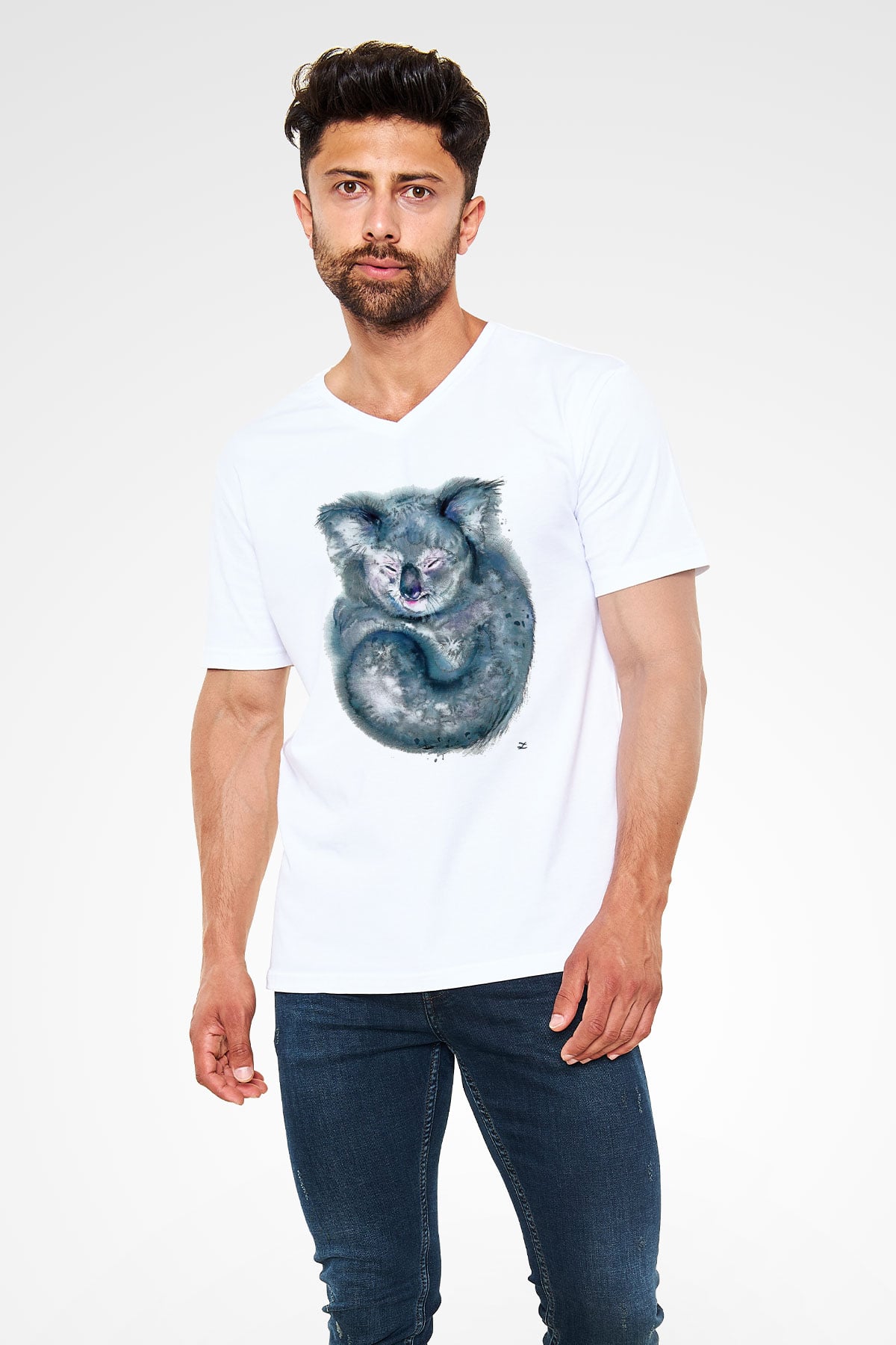 Koala Baskılı Beyaz Unisex V Yaka Tişört - Tshirt