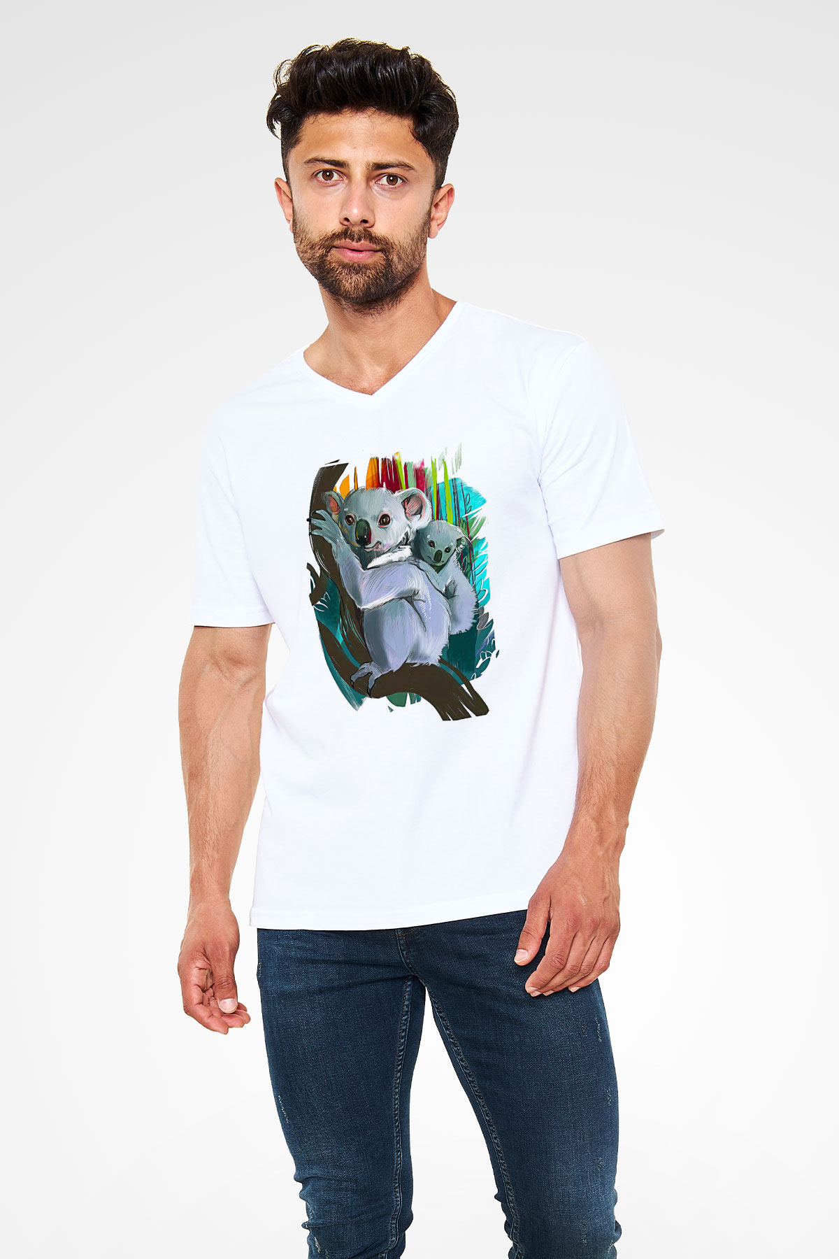 Koala Baskılı Beyaz Unisex V Yaka Tişört - Tshirt