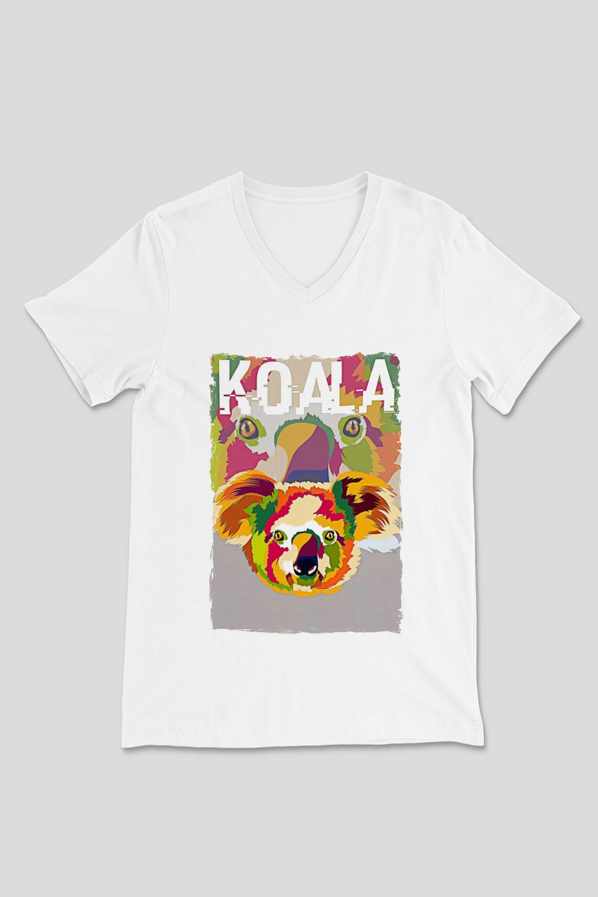 Koala Baskılı Beyaz Unisex V Yaka Tişört - Tshirt
