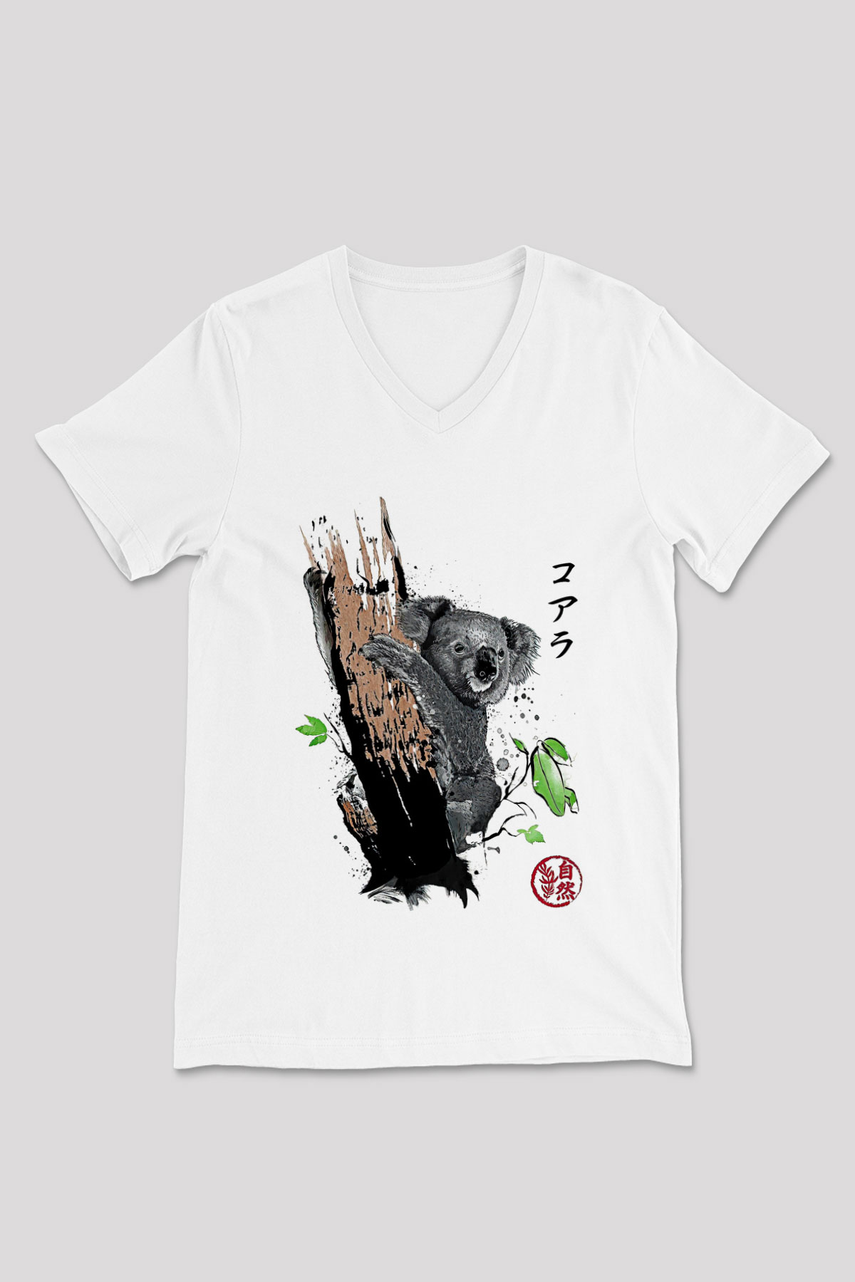 Koala Baskılı Beyaz Unisex V Yaka Tişört - Tshirt