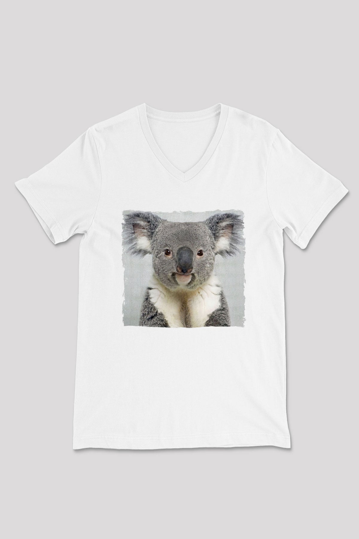 Koala Baskılı Beyaz Unisex V Yaka Tişört - Tshirt