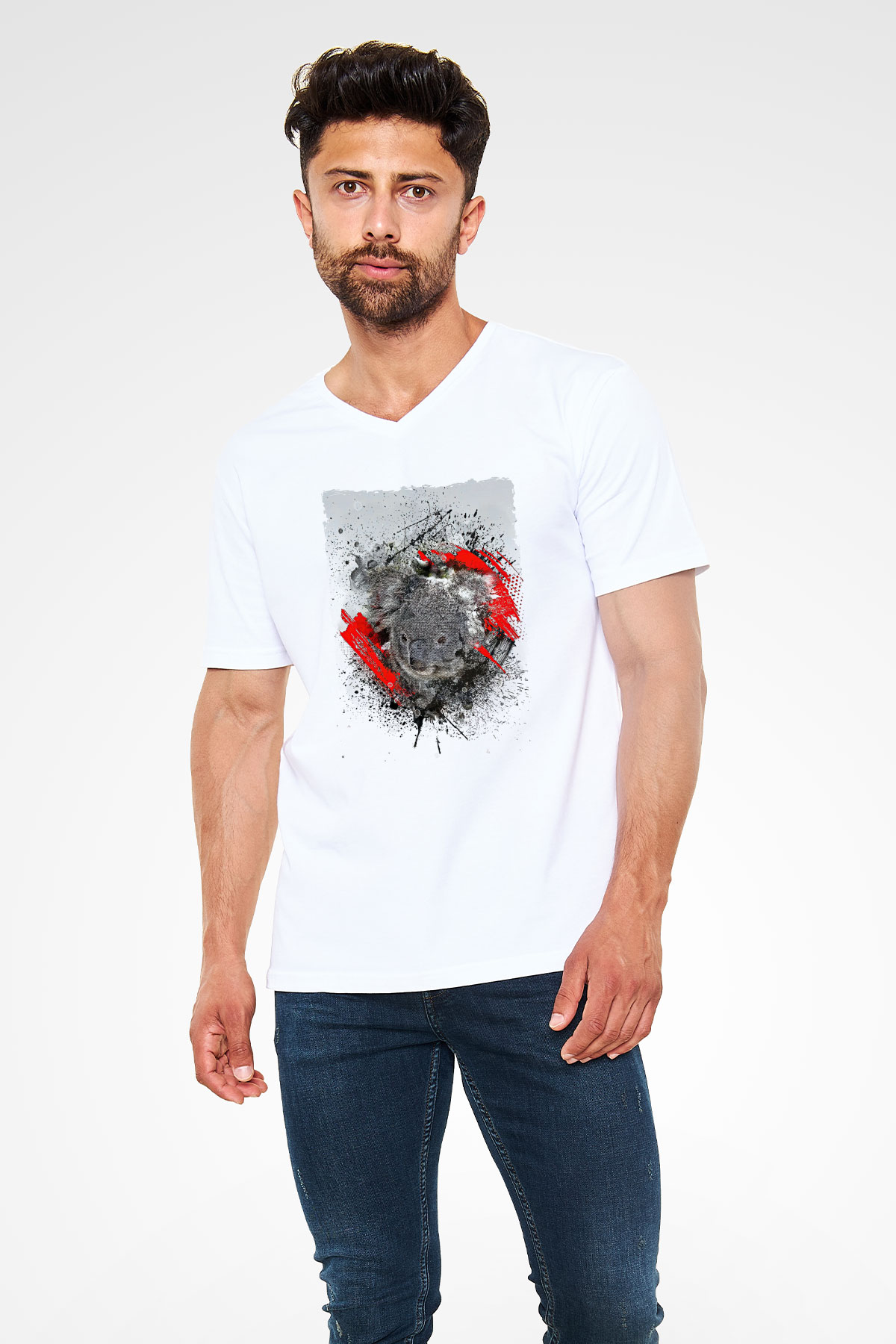 Koala Baskılı Beyaz Unisex V Yaka Tişört - Tshirt