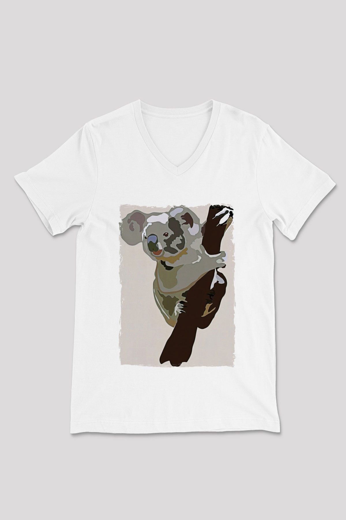 Koala Baskılı Beyaz Unisex V Yaka Tişört - Tshirt