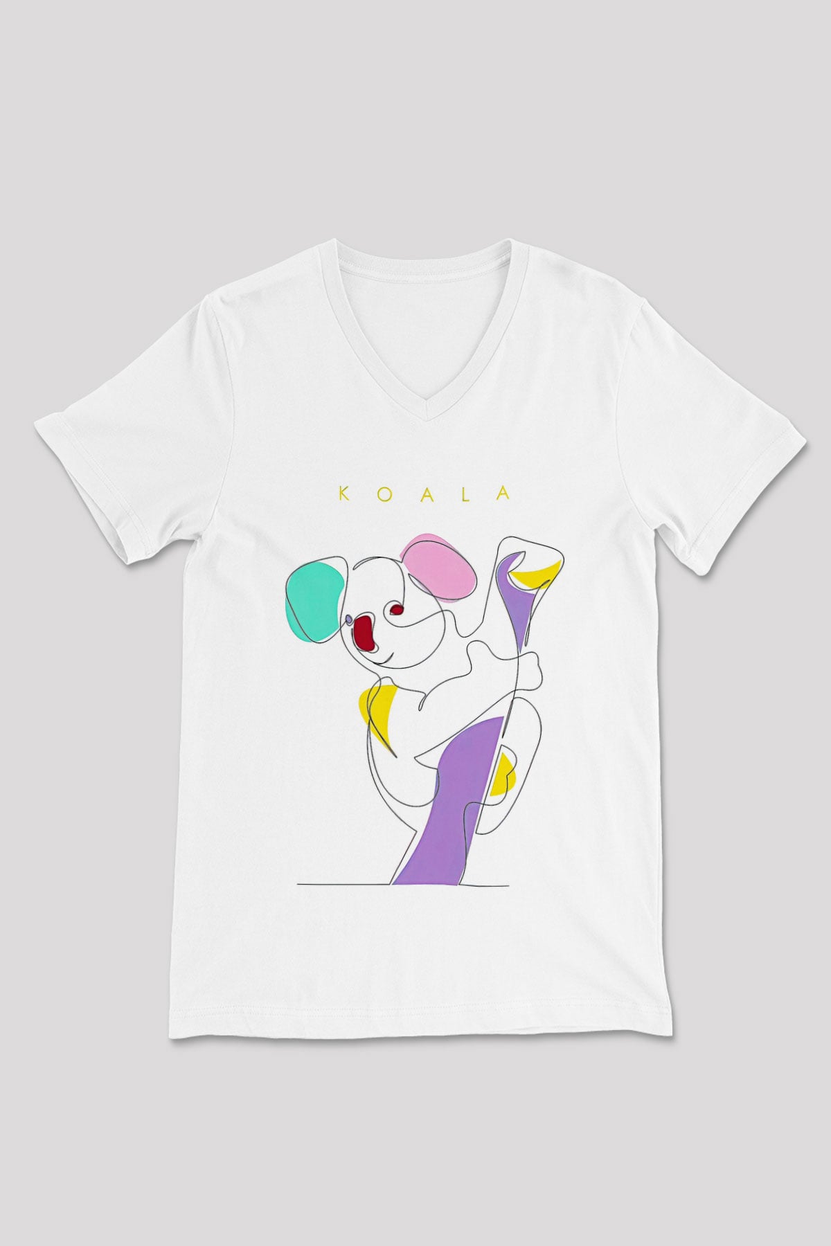 Koala Baskılı Beyaz Unisex V Yaka Tişört - Tshirt