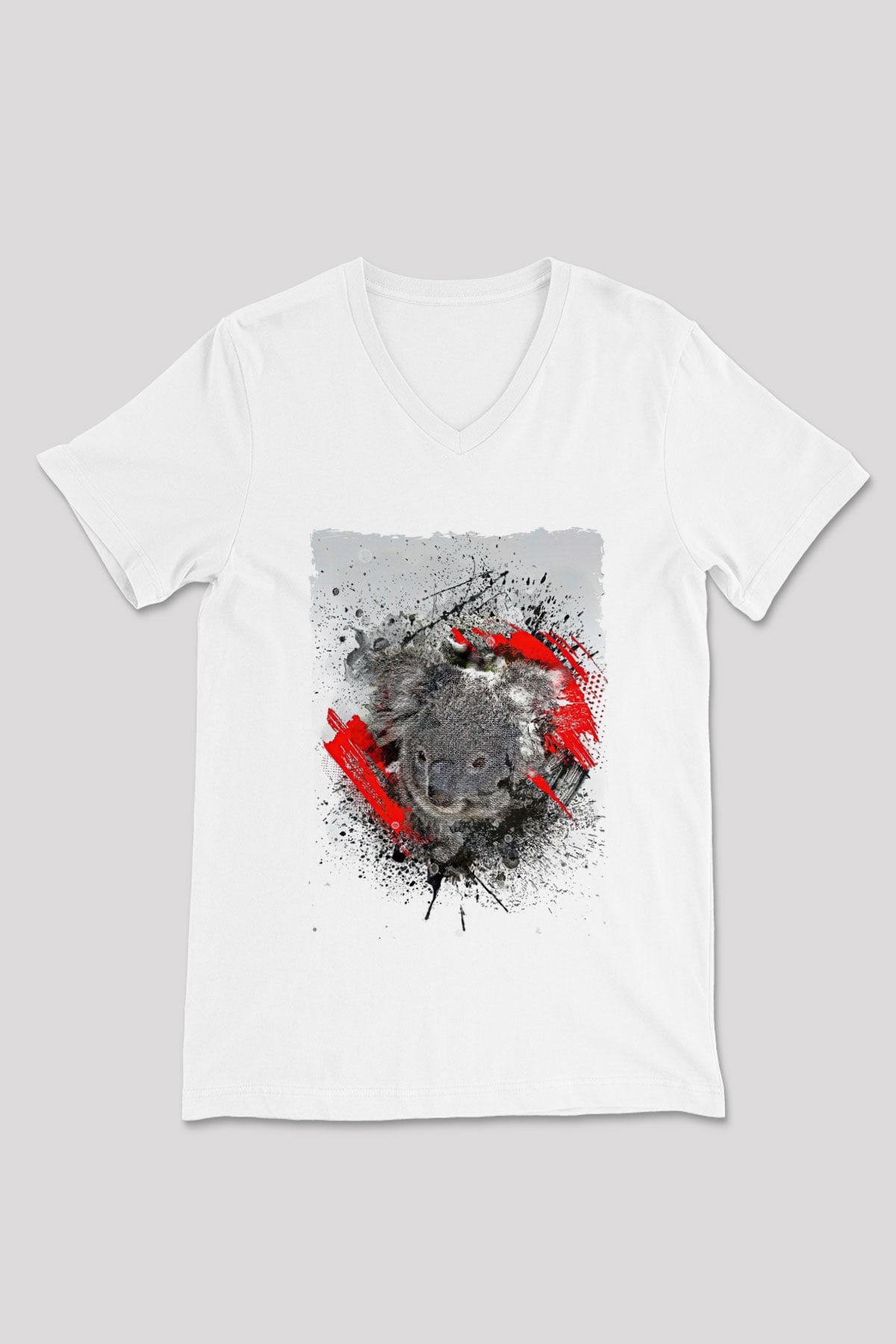 Koala Baskılı Beyaz Unisex V Yaka Tişört - Tshirt