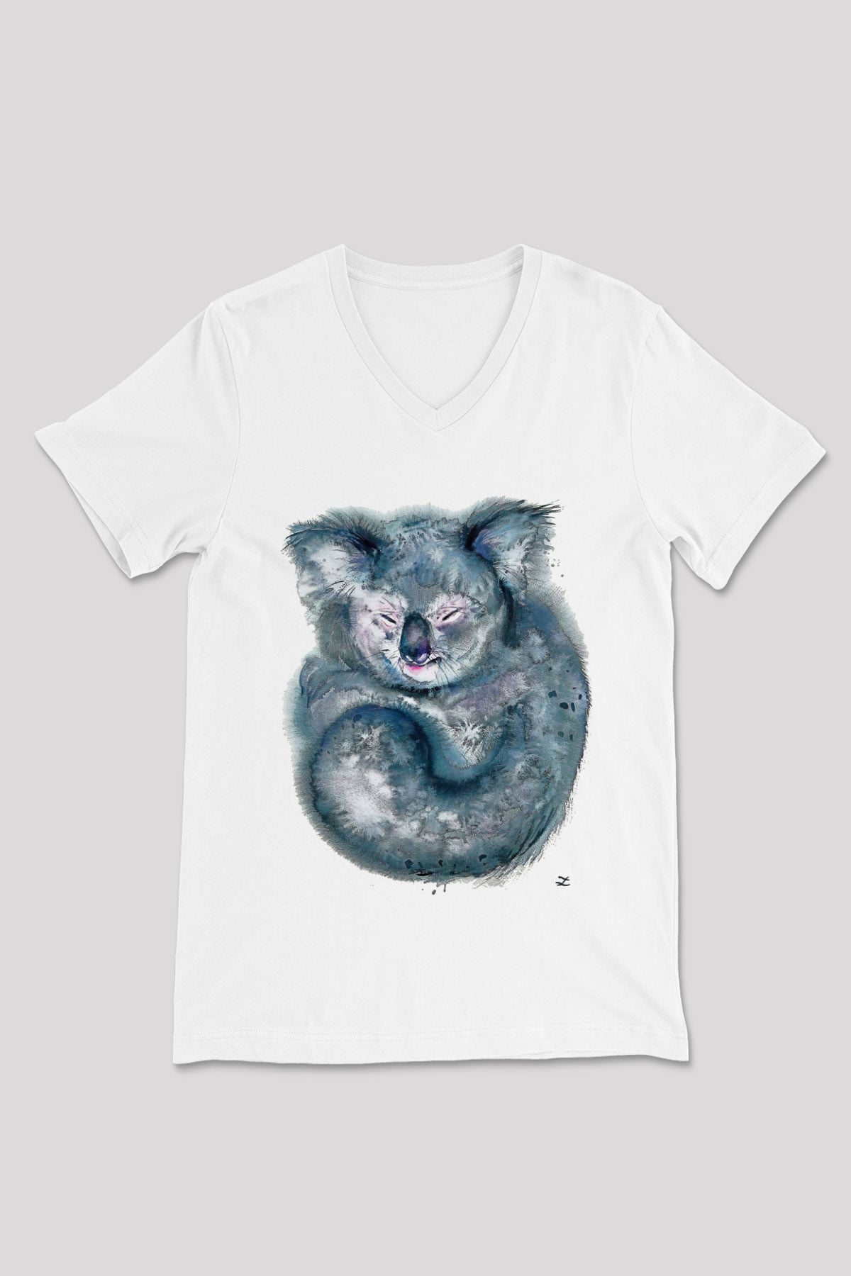 Koala Baskılı Beyaz Unisex V Yaka Tişört - Tshirt