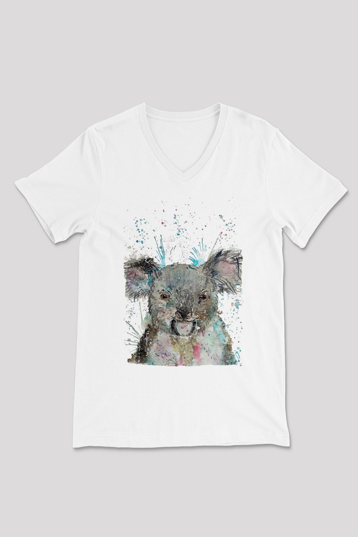 Koala Baskılı Beyaz Unisex V Yaka Tişört - Tshirt
