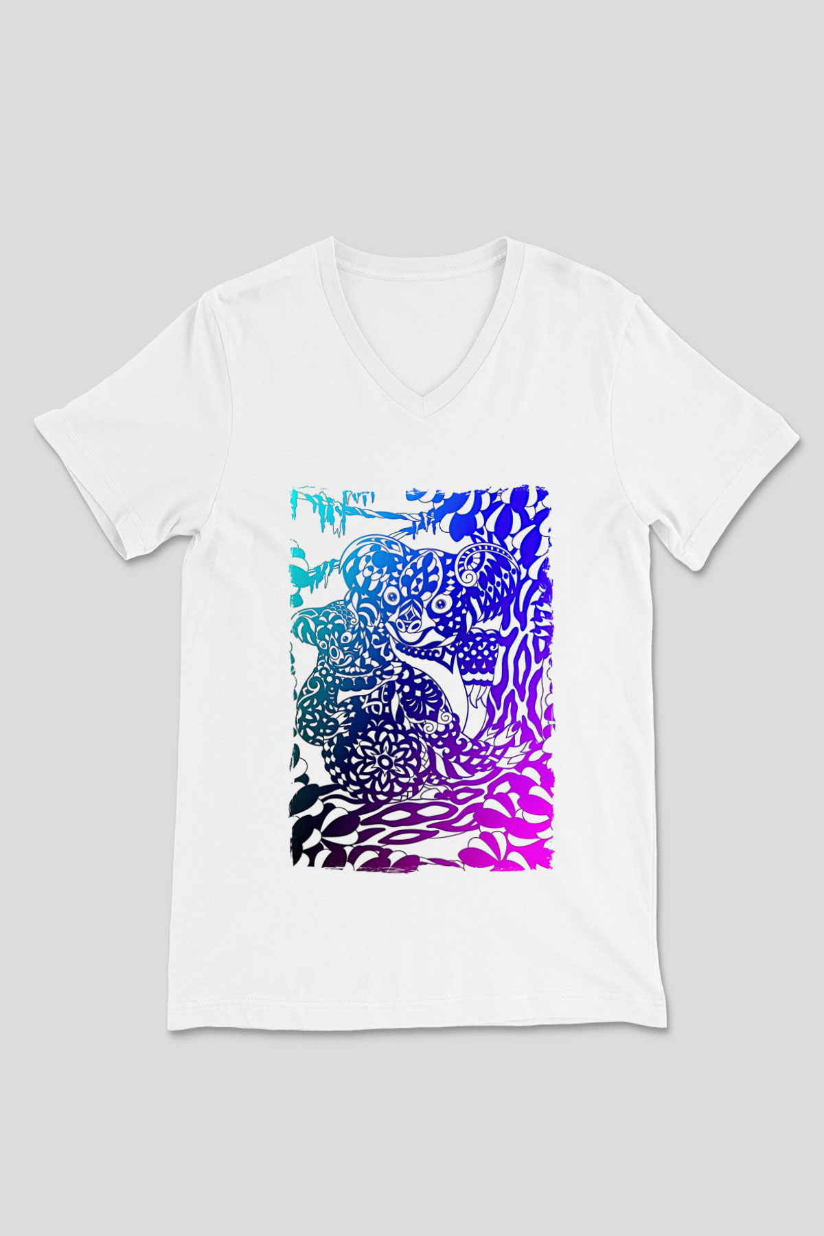 Koala Baskılı Beyaz Unisex V Yaka Tişört - Tshirt