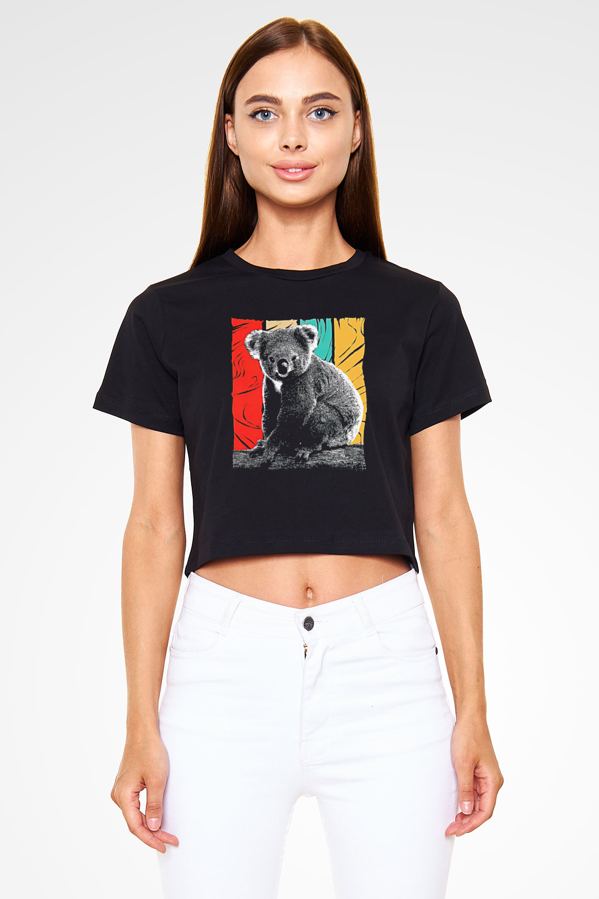 Koala Baskılı Siyah Crop Top Kadın Tişört - Tshirt