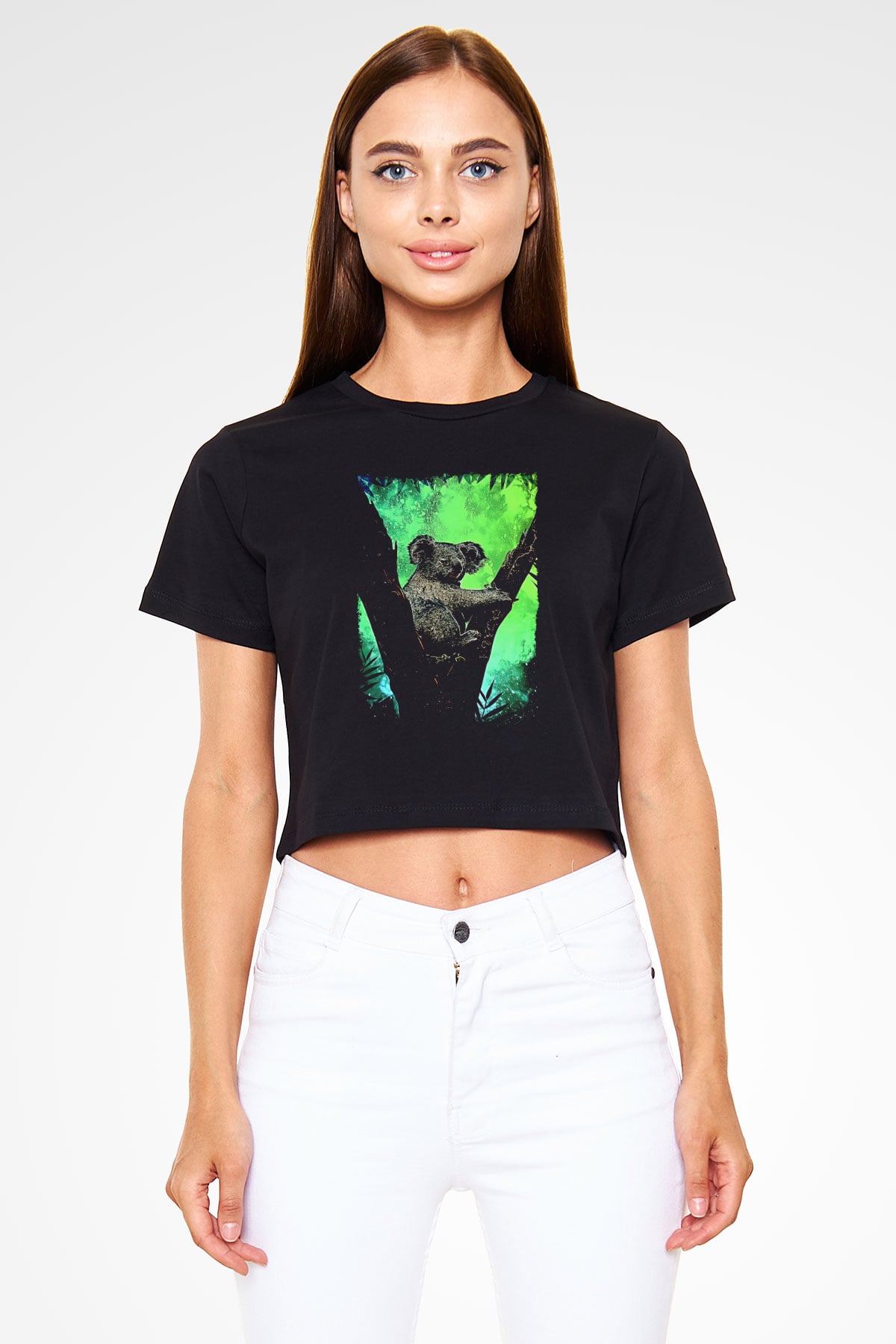 Koala Baskılı Siyah Crop Top Kadın Tişört - Tshirt