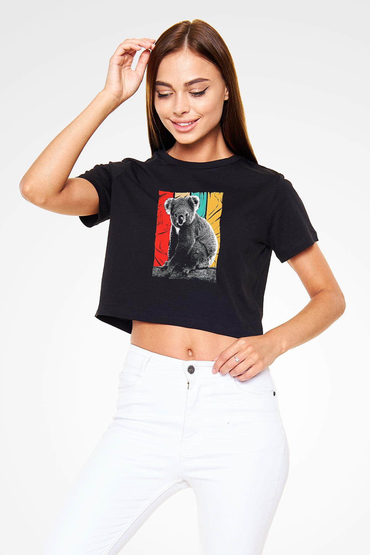 Koala Baskılı Siyah Crop Top Kadın Tişört - Tshirt