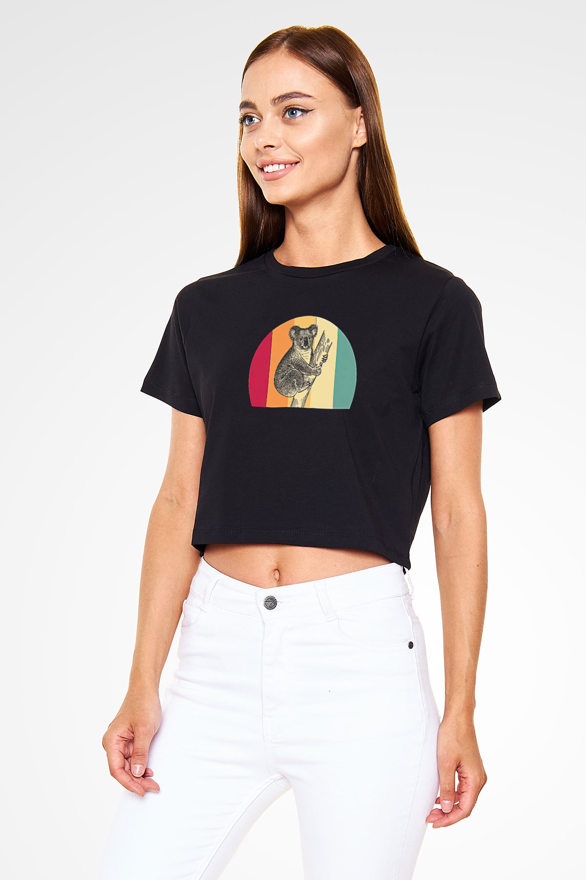 Koala Baskılı Siyah Crop Top Kadın Tişört - Tshirt