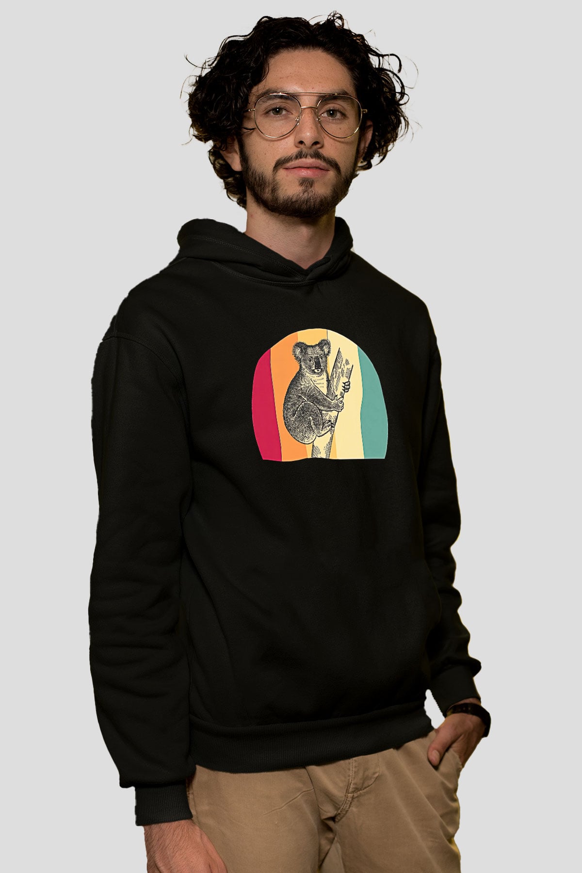 Koala Baskılı Unisex Siyah Hoodie