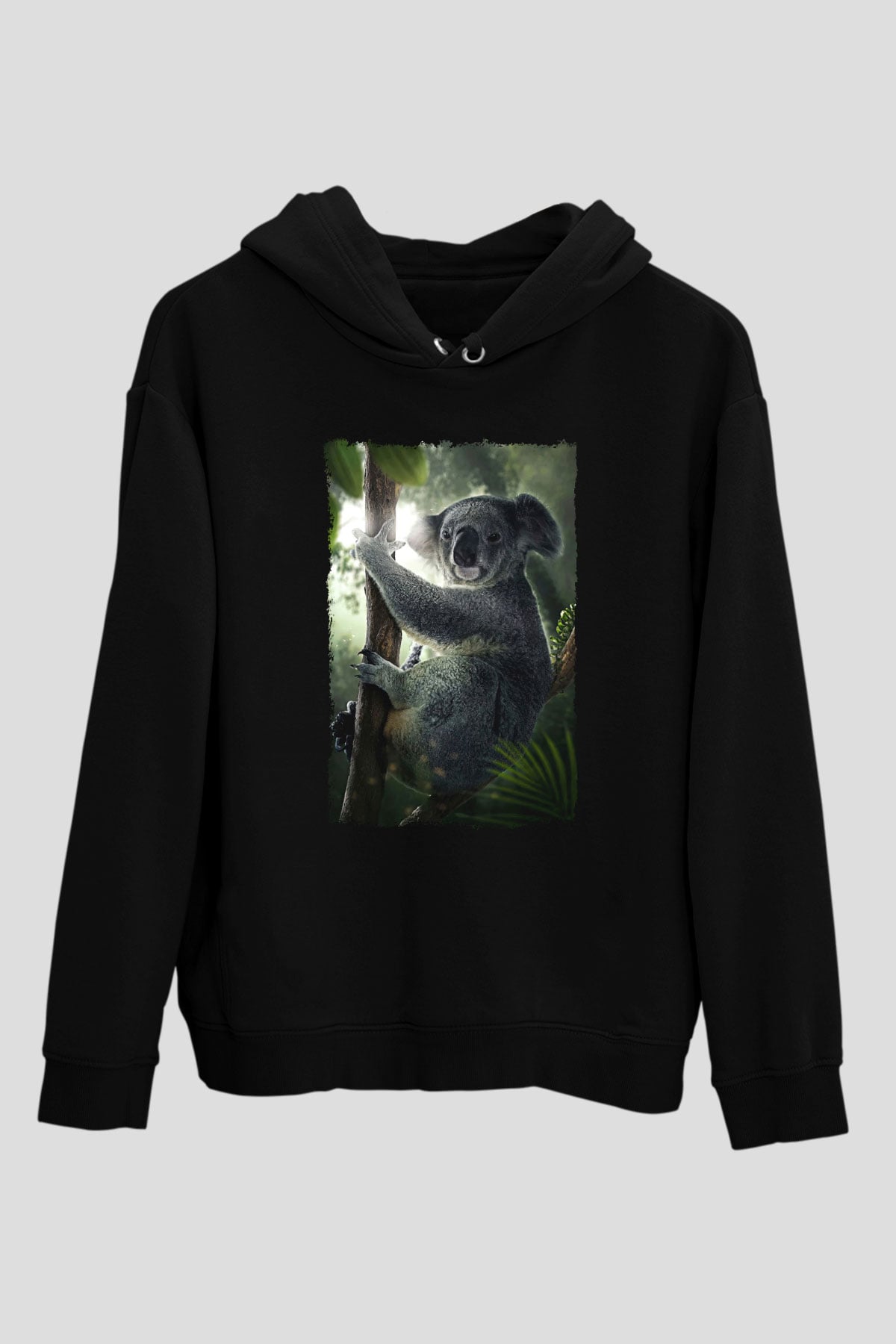 Koala Baskılı Unisex Siyah Hoodie