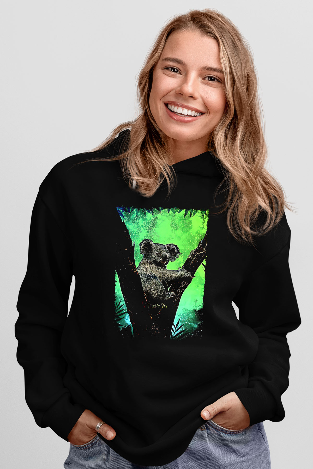 Koala Baskılı Unisex Siyah Hoodie