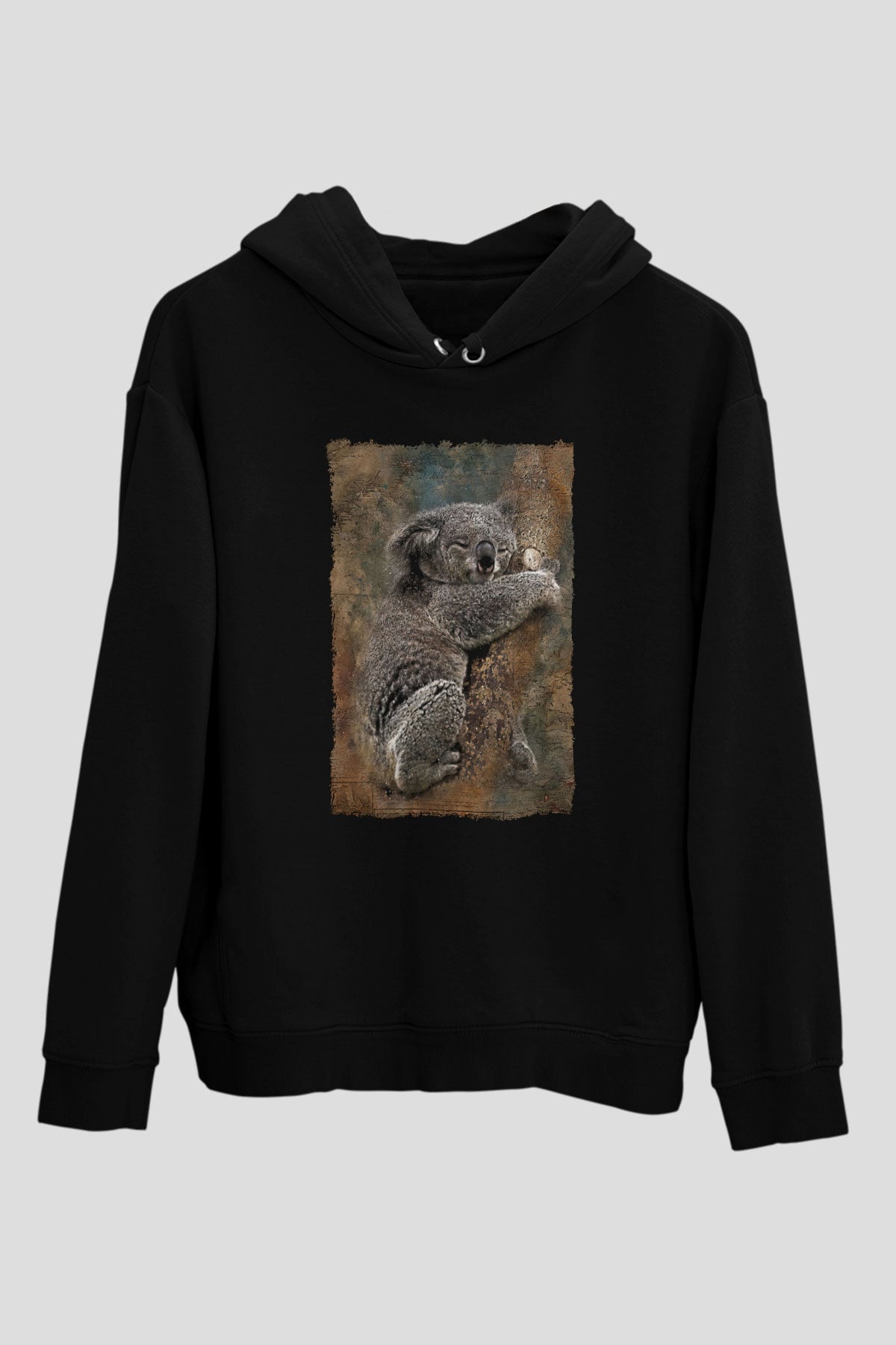Koala Baskılı Unisex Siyah Hoodie