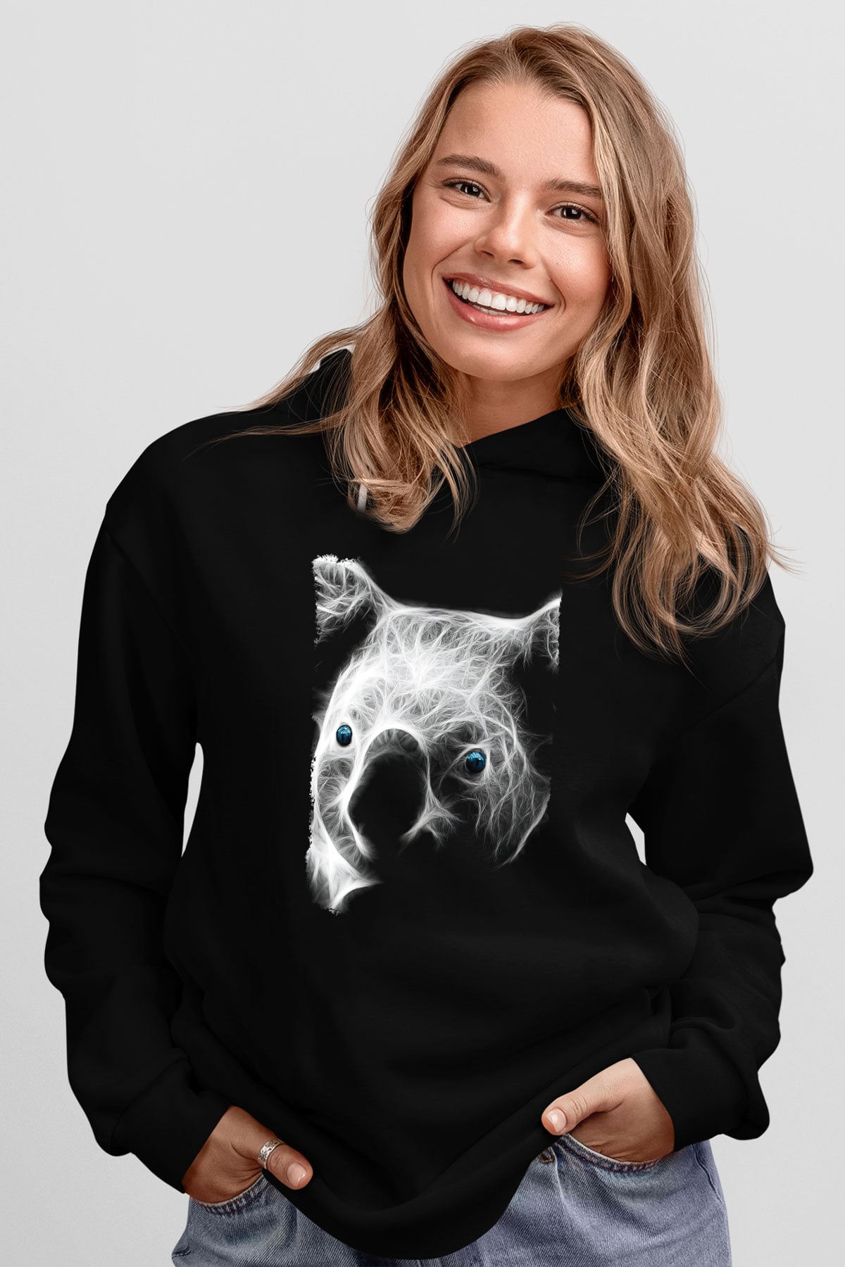 Koala Baskılı Unisex Siyah Hoodie