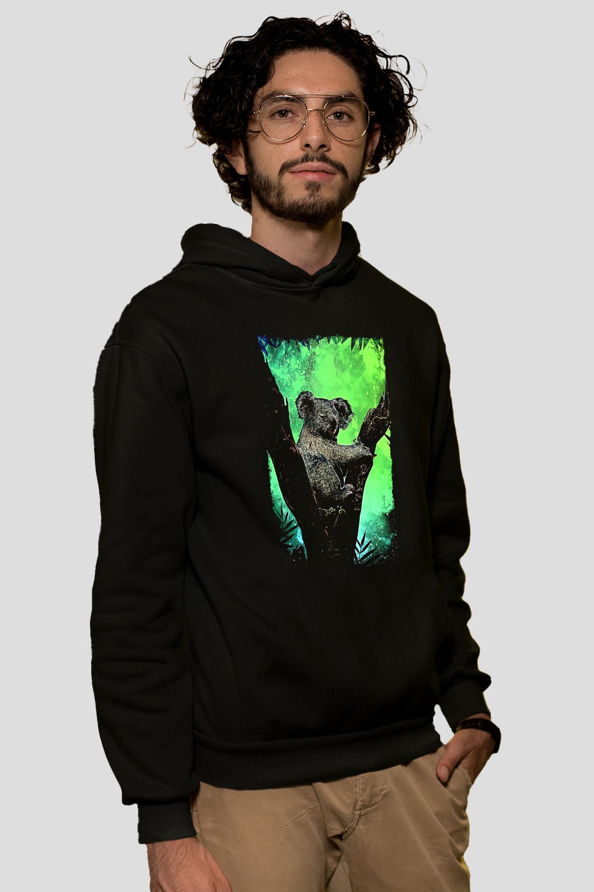 Koala Baskılı Unisex Siyah Hoodie