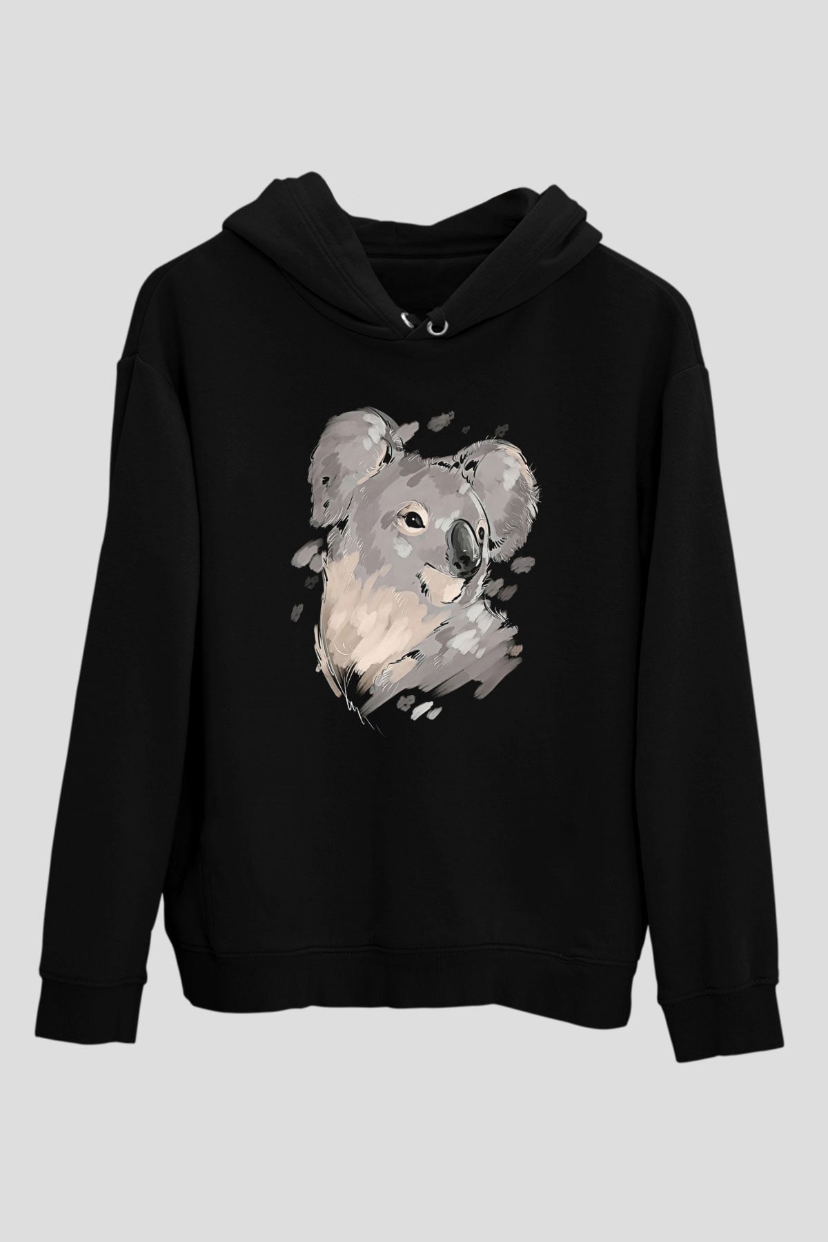 Koala Baskılı Unisex Siyah Hoodie