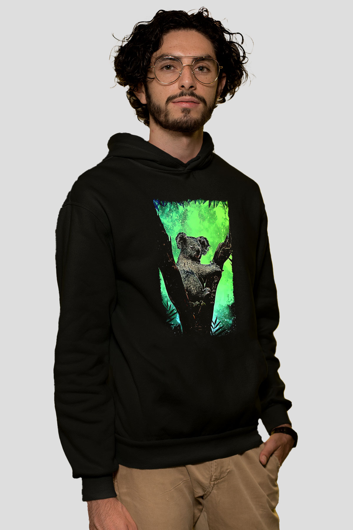 Koala Baskılı Unisex Siyah Hoodie
