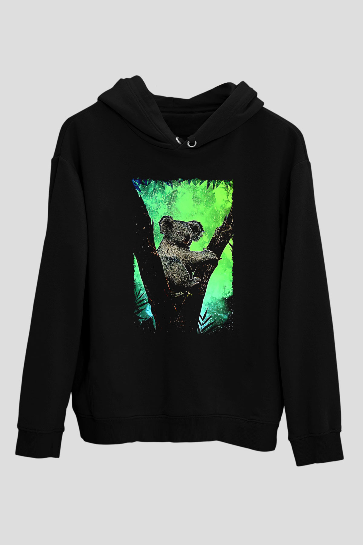 Koala Baskılı Unisex Siyah Hoodie