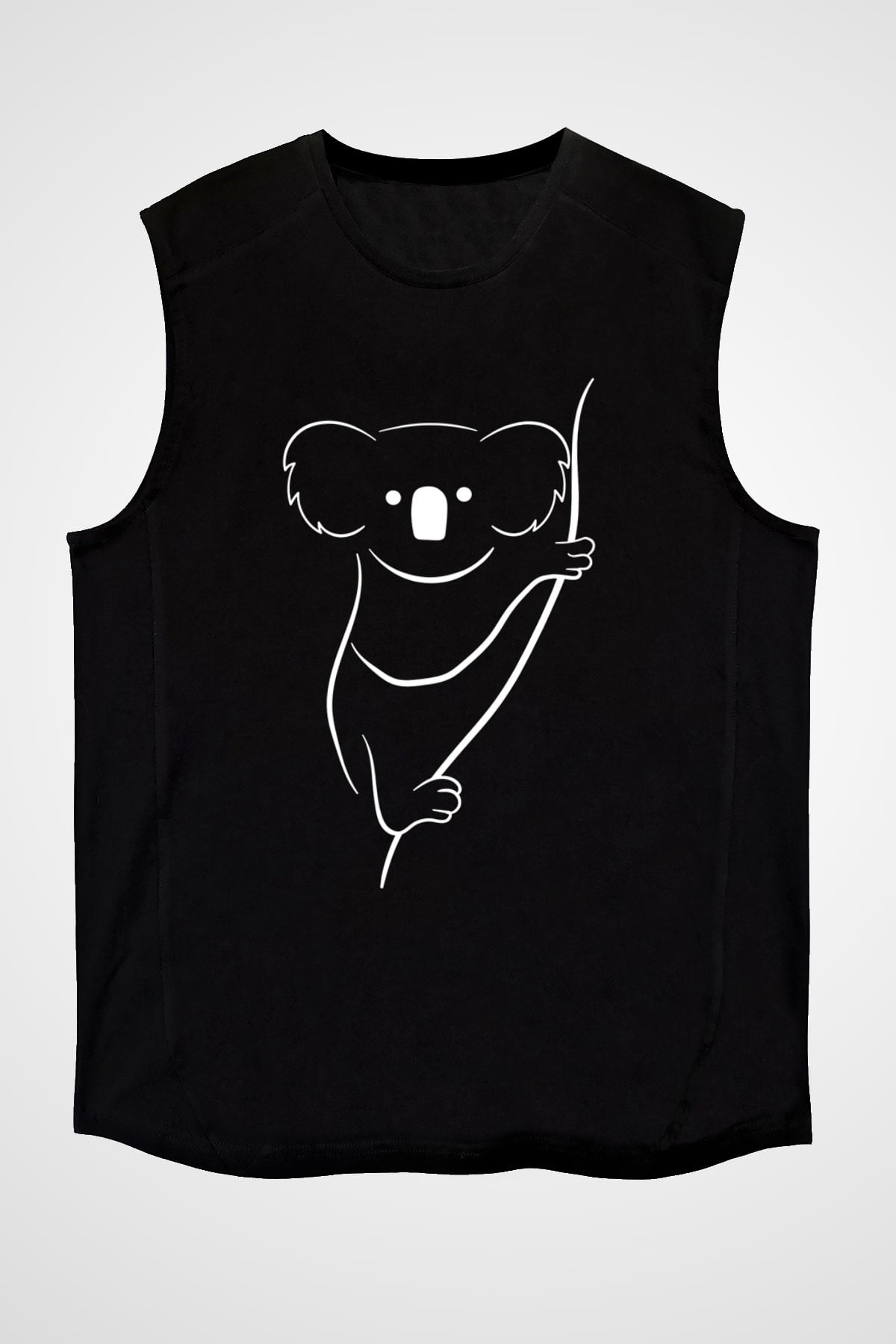 Koala Baskılı Unisex Siyah Kolsuz Tişört - Tshirt