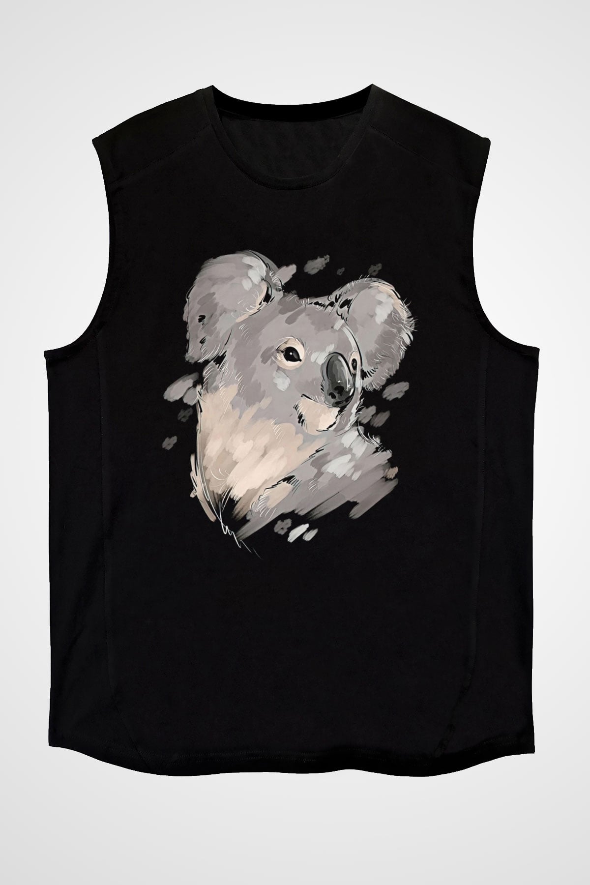 Koala Baskılı Unisex Siyah Kolsuz Tişört - Tshirt