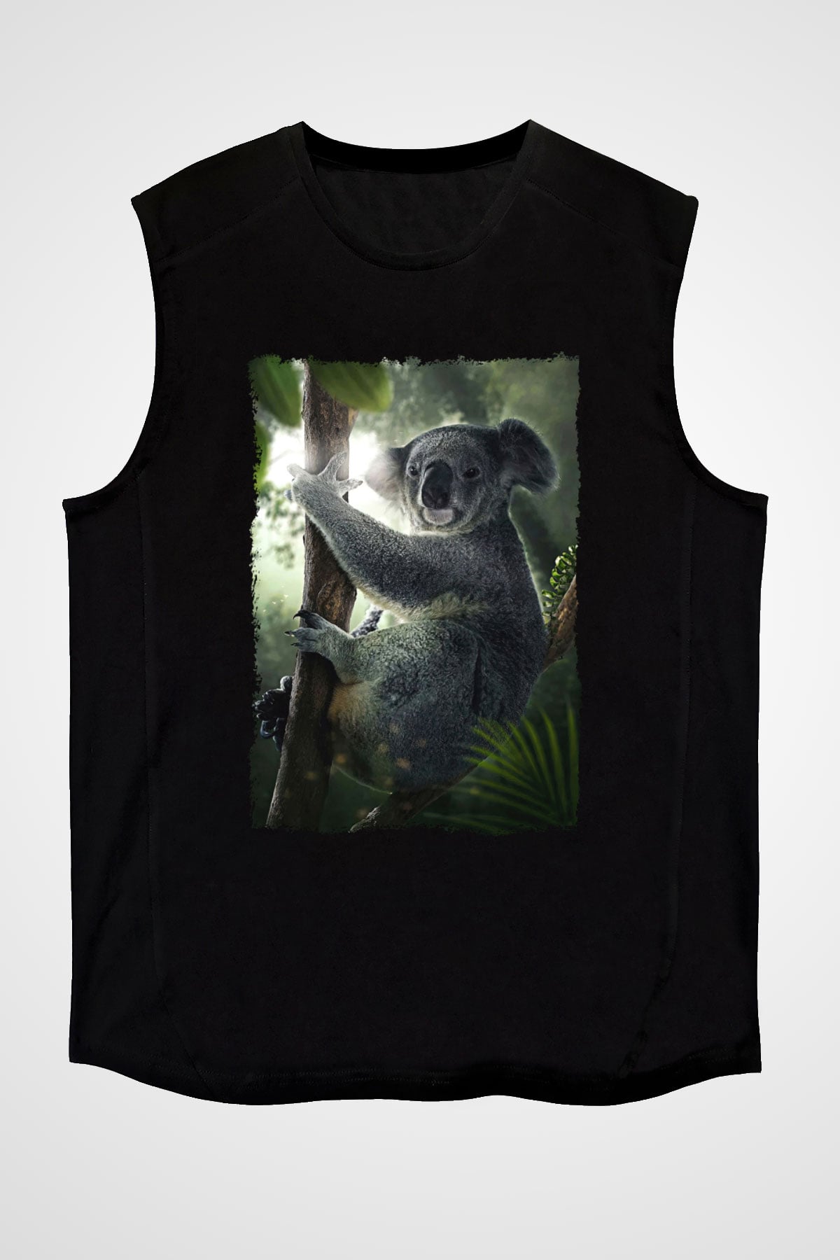 Koala Baskılı Unisex Siyah Kolsuz Tişört - Tshirt