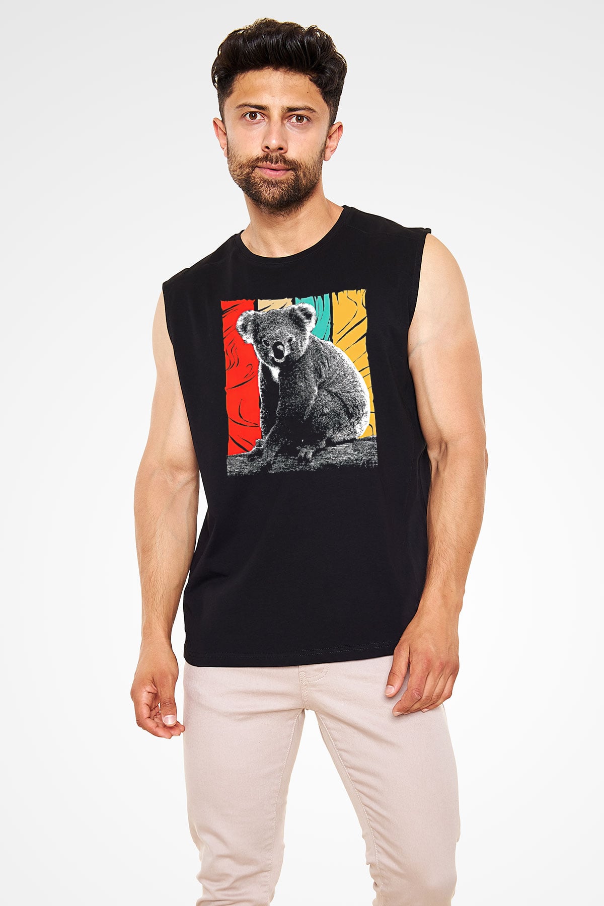 Koala Baskılı Unisex Siyah Kolsuz Tişört - Tshirt