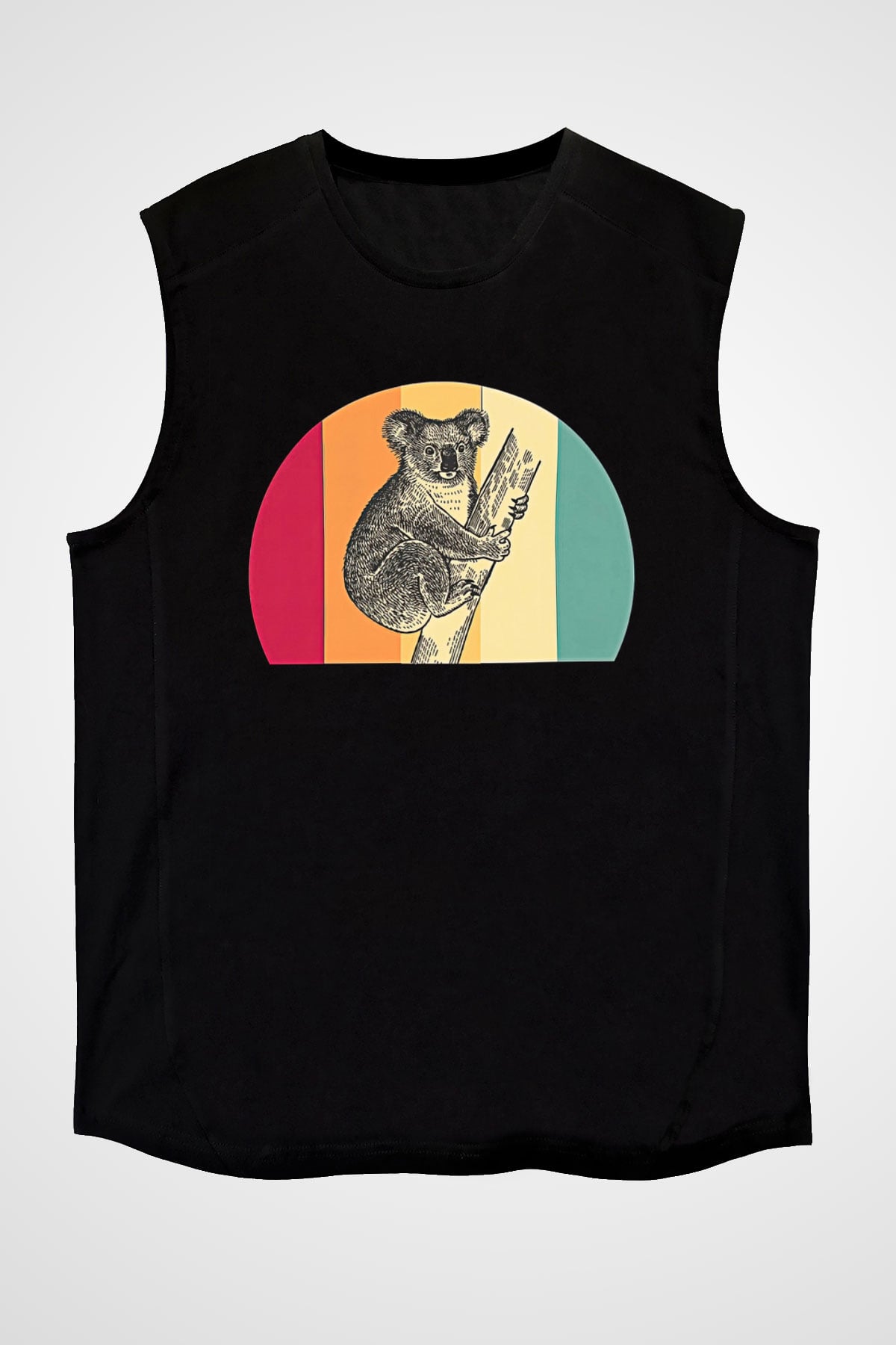 Koala Baskılı Unisex Siyah Kolsuz Tişört - Tshirt