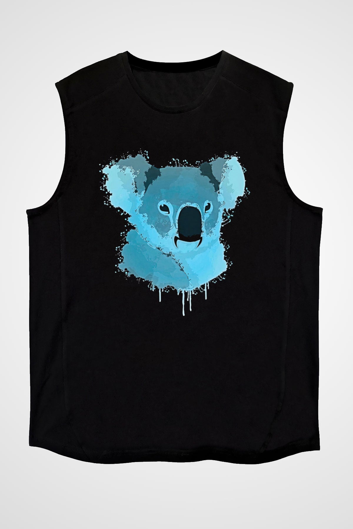 Koala Baskılı Unisex Siyah Kolsuz Tişört - Tshirt