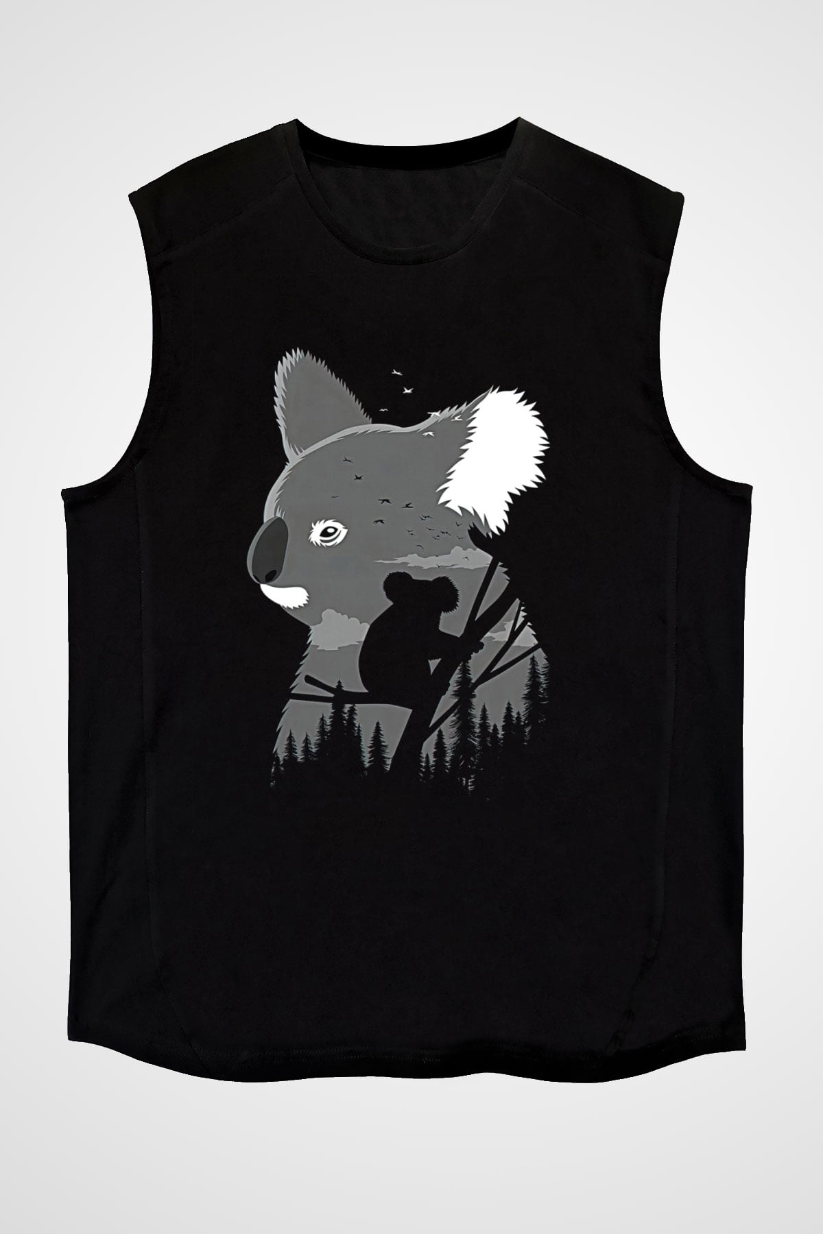 Koala Baskılı Unisex Siyah Kolsuz Tişört - Tshirt