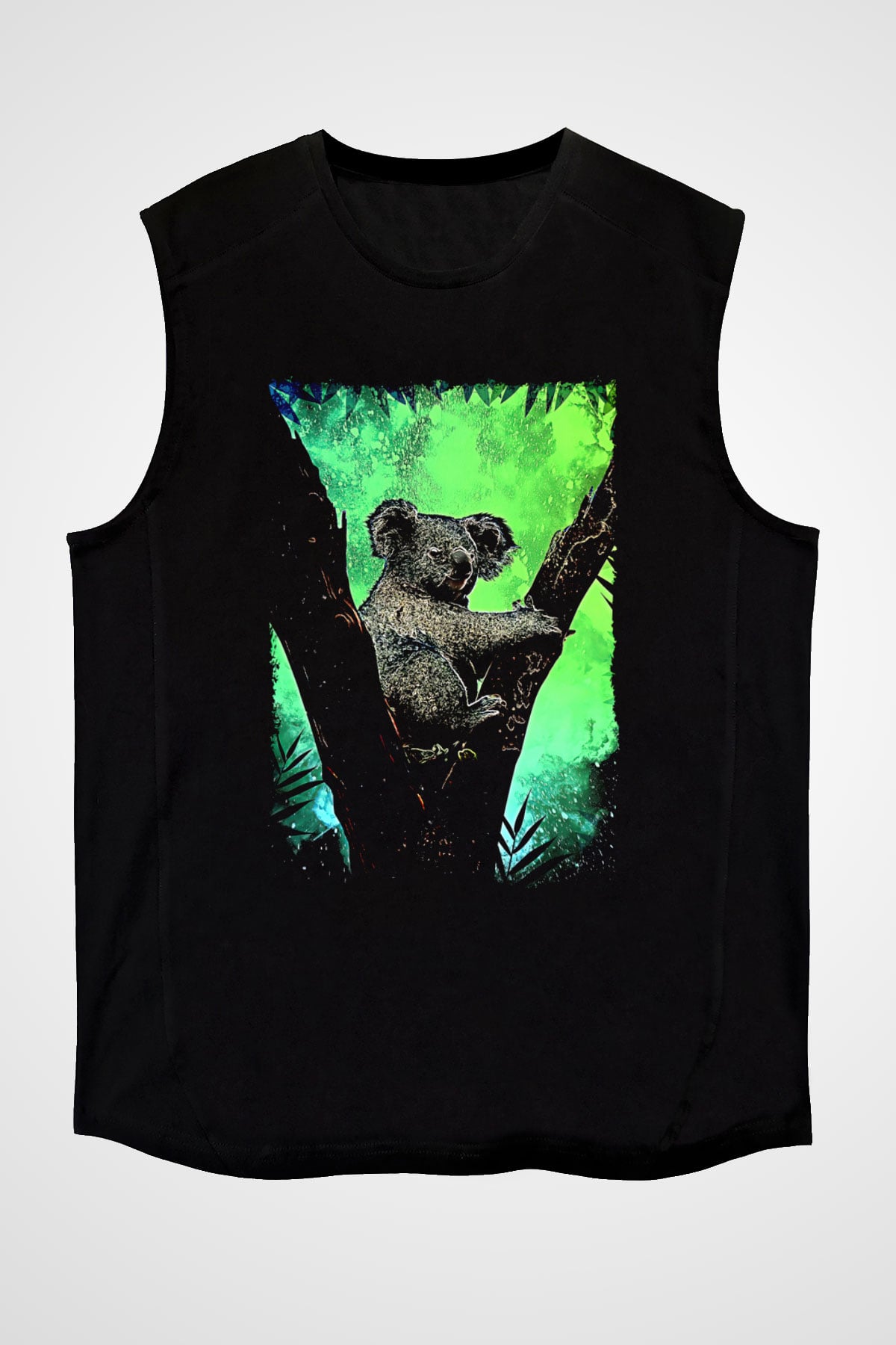 Koala Baskılı Unisex Siyah Kolsuz Tişört - Tshirt