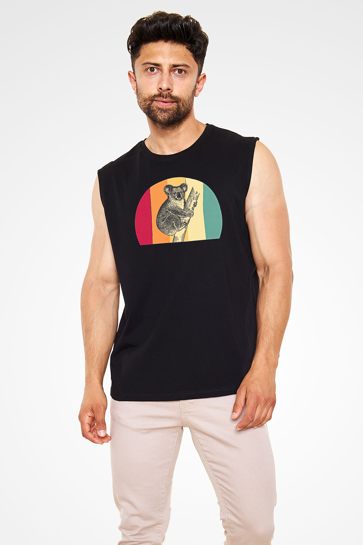 Koala Baskılı Unisex Siyah Kolsuz Tişört - Tshirt